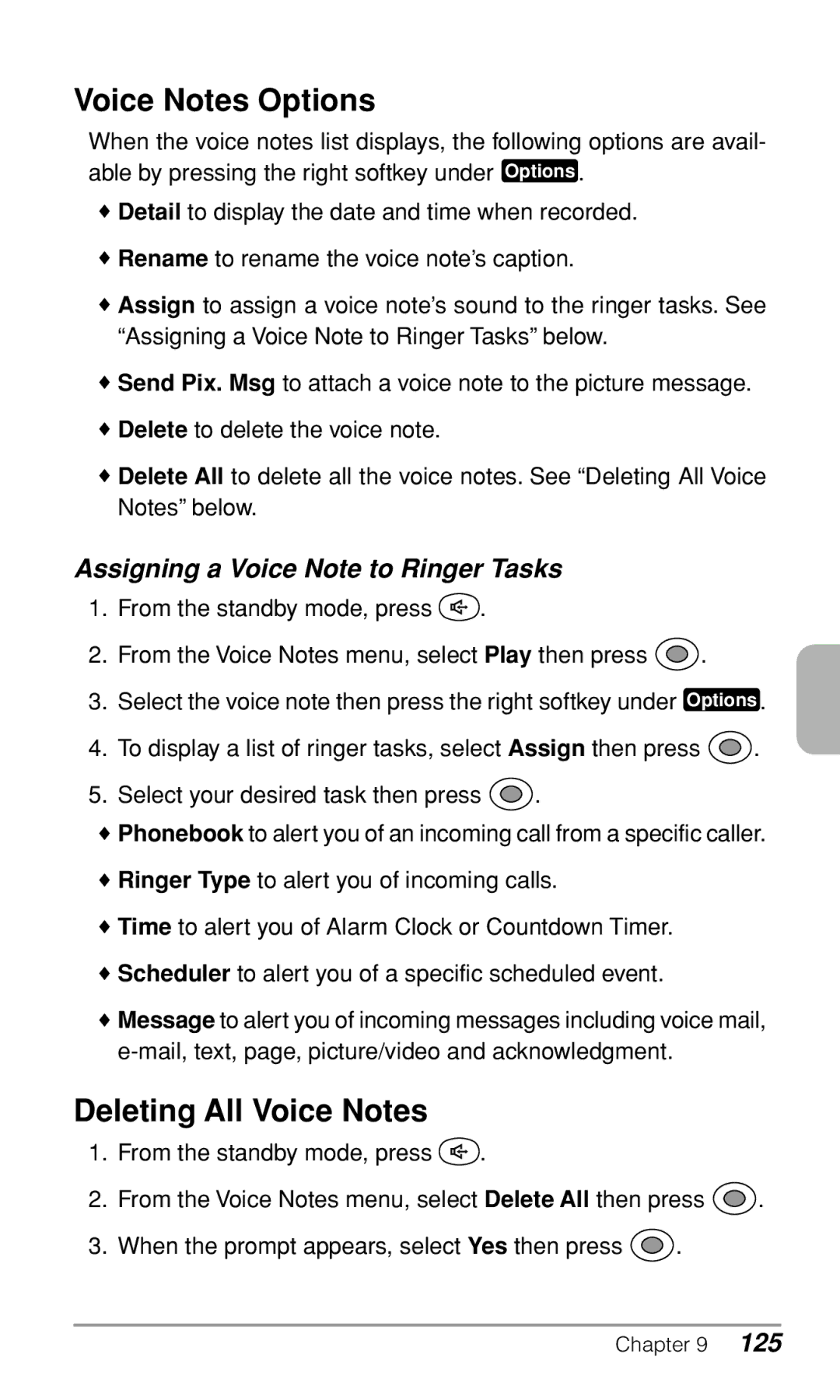 Audiovox CDM9900 owner manual Voice Notes Options, Deleting All Voice Notes, Assigning a Voice Note to Ringer Tasks 