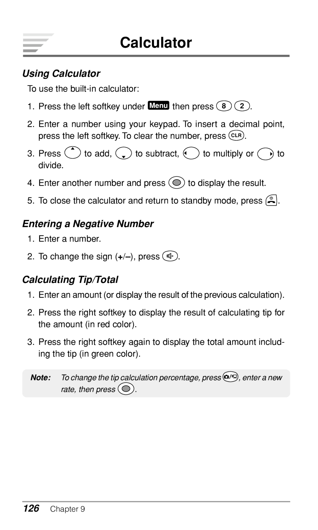 Audiovox CDM9900 owner manual Using Calculator, Entering a Negative Number, Calculating Tip/Total 