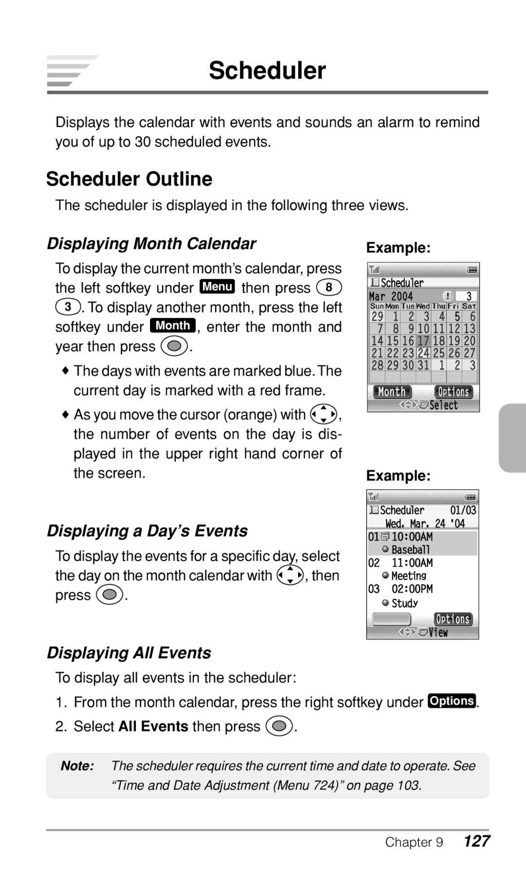 Audiovox CDM9900 Scheduler Outline, Displaying Month Calendar, Displaying a Day’s Events, Displaying All Events 