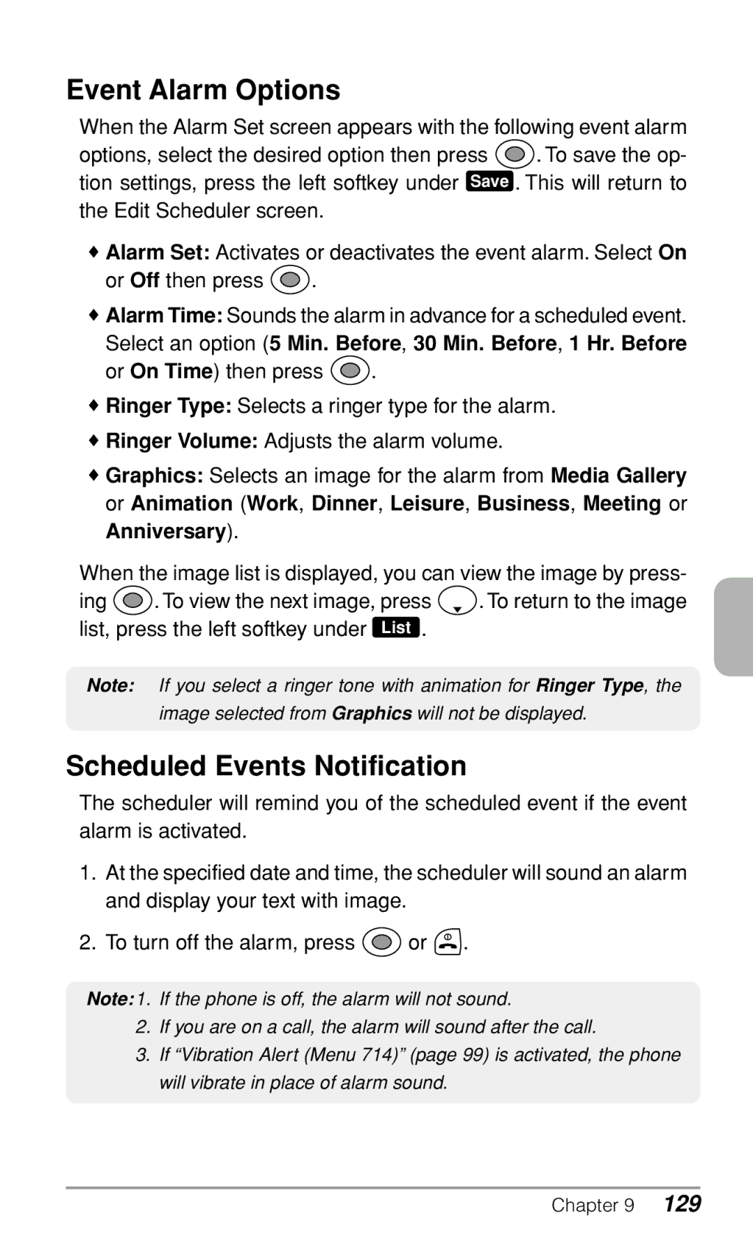 Audiovox CDM9900 owner manual Event Alarm Options, Scheduled Events Notification 