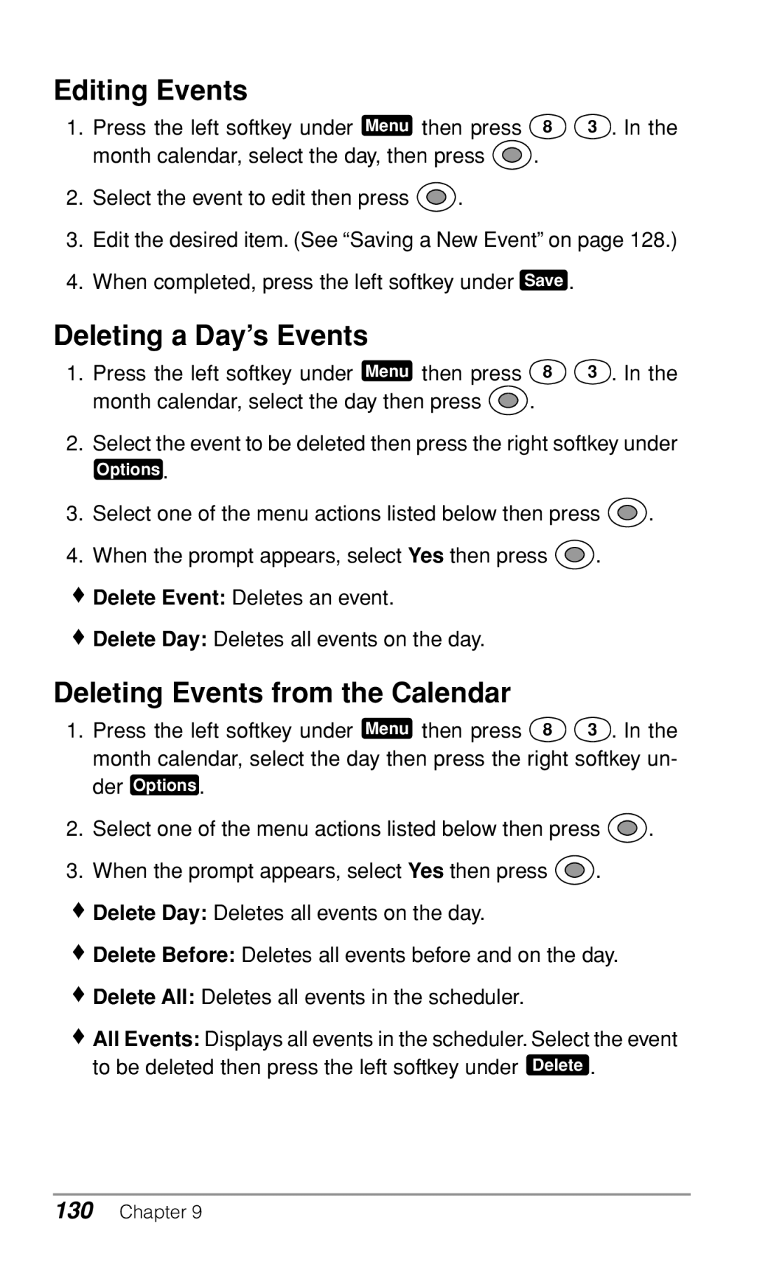 Audiovox CDM9900 owner manual Editing Events, Deleting a Day’s Events, Deleting Events from the Calendar 