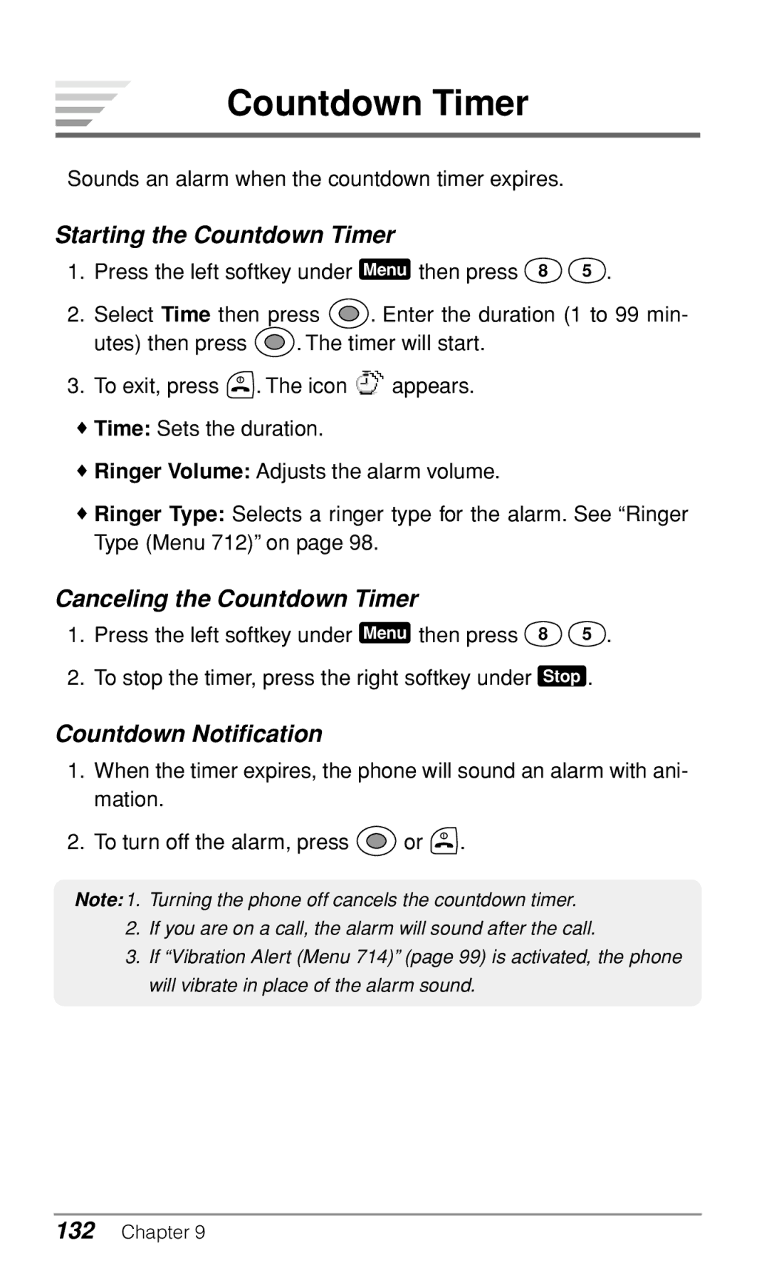 Audiovox CDM9900 owner manual Starting the Countdown Timer, Canceling the Countdown Timer, Countdown Notification 