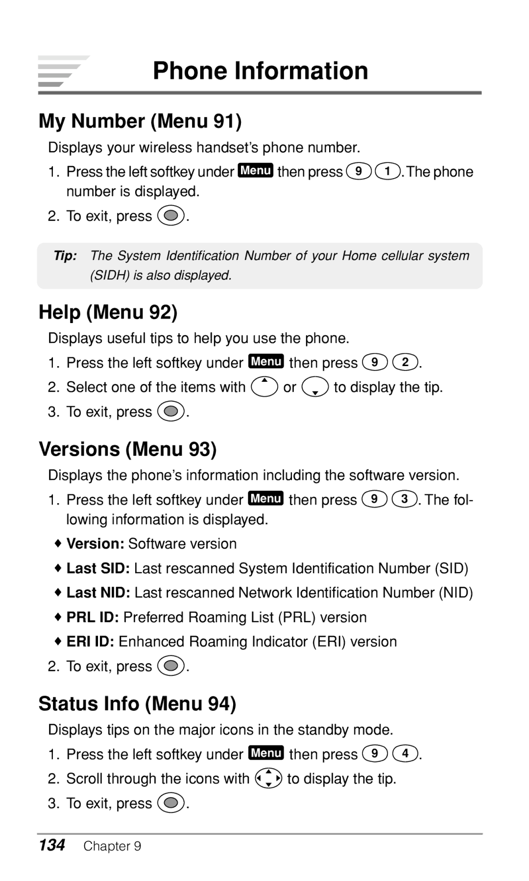 Audiovox CDM9900 owner manual Phone Information, My Number Menu, Help Menu, Versions Menu, Status Info Menu 