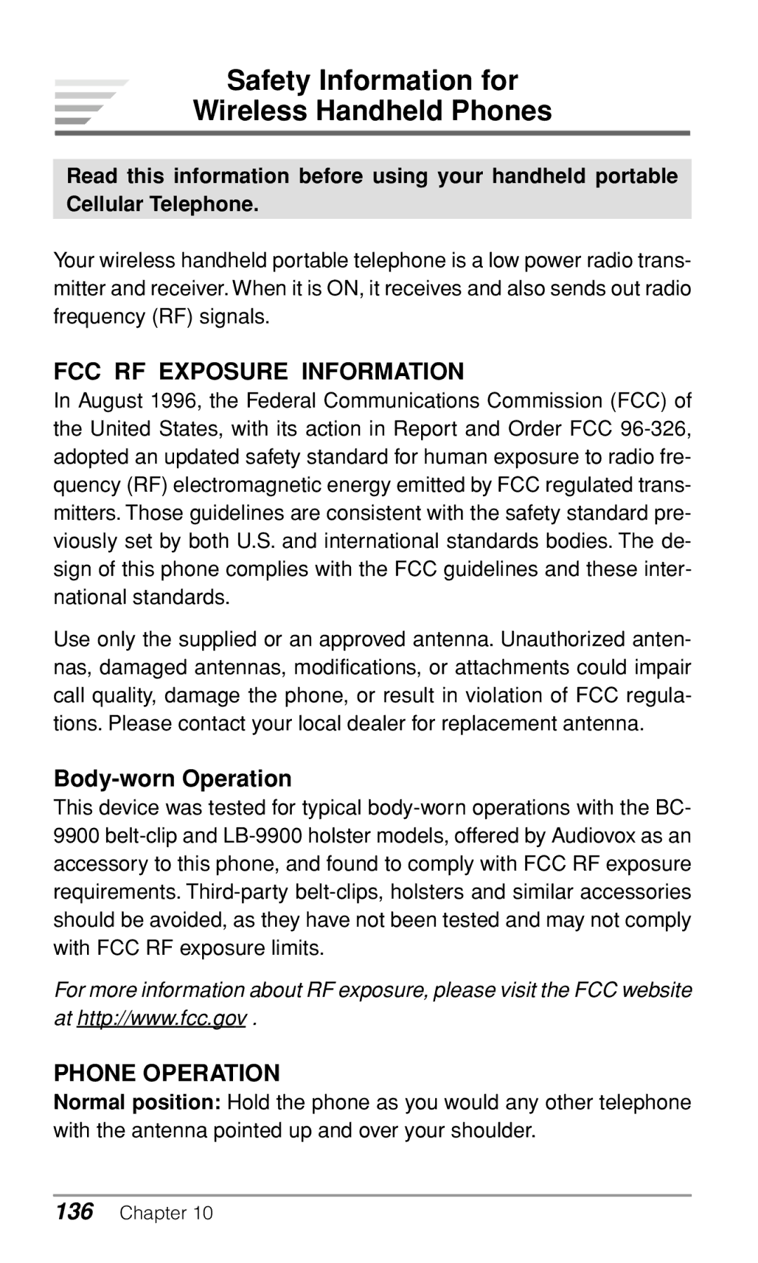 Audiovox CDM9900 owner manual Safety Information for Wireless Handheld Phones, FCC RF Exposure Information 