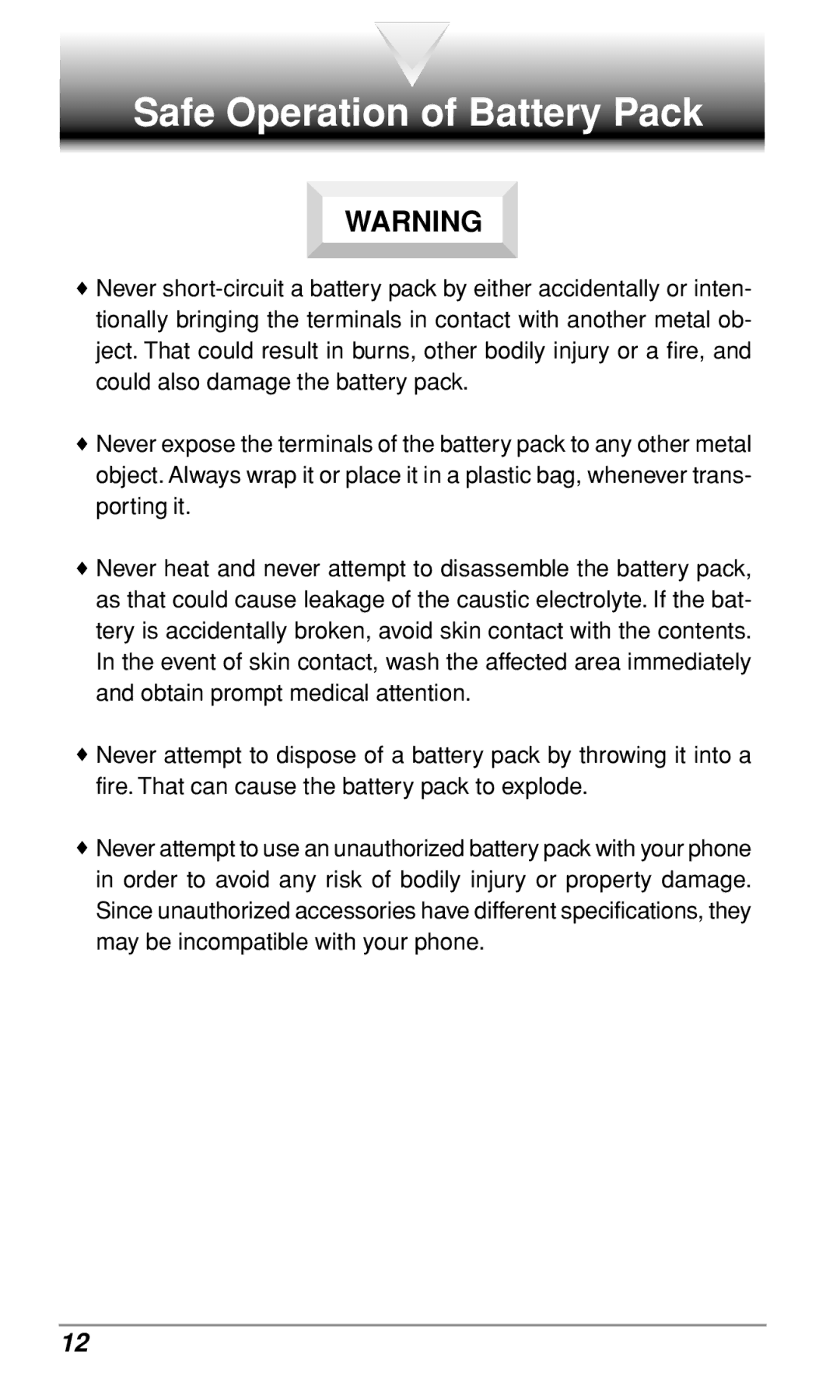 Audiovox CDM9900 owner manual Safe Operation of Battery Pack 