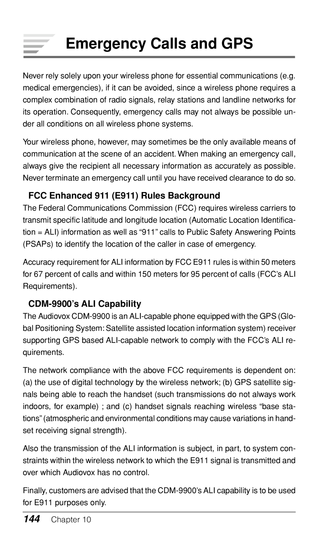 Audiovox CDM9900 owner manual Emergency Calls and GPS, FCC Enhanced 911 E911 Rules Background, CDM-9900’s ALI Capability 