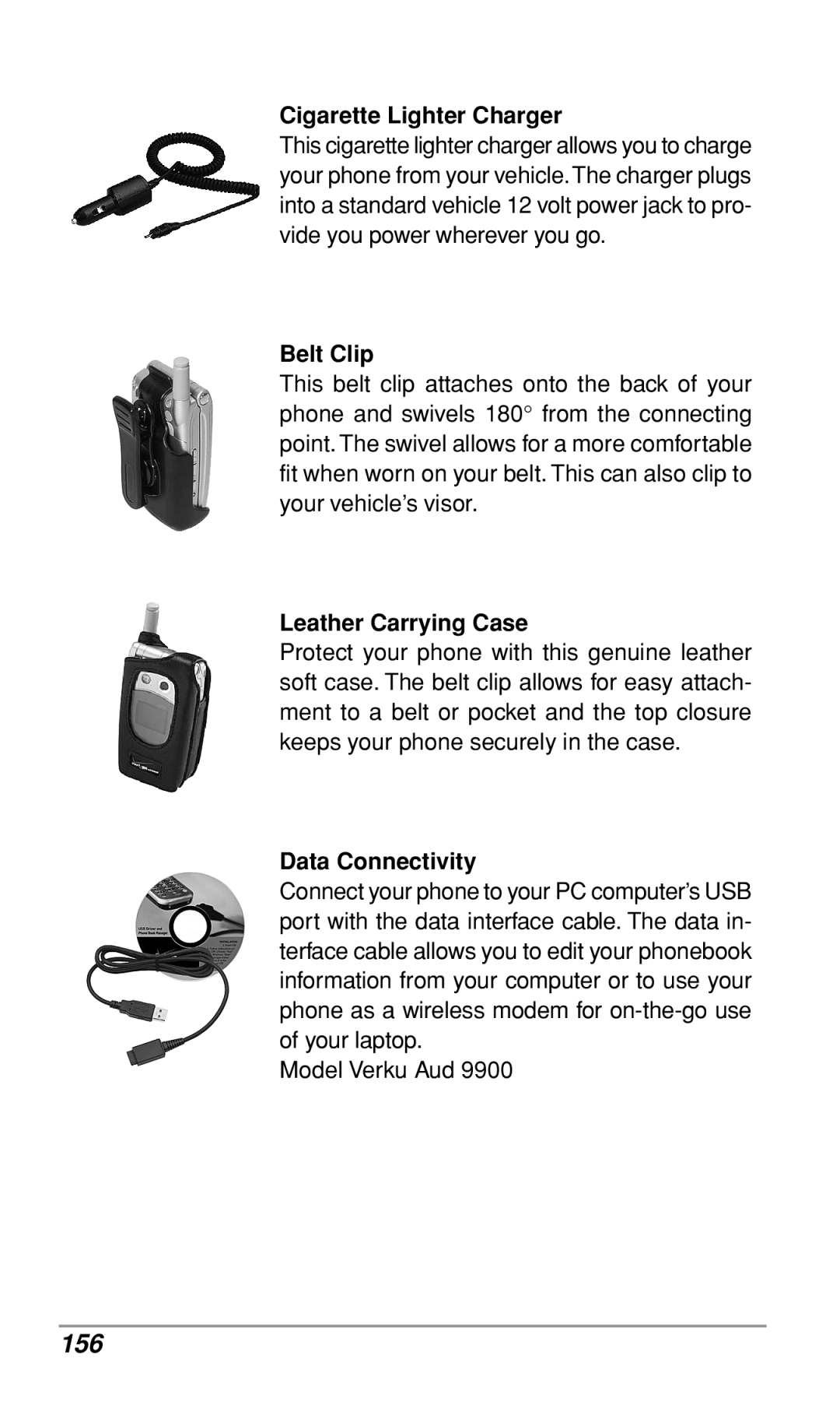 Audiovox CDM9900 owner manual 156, Cigarette Lighter Charger, Belt Clip, Leather Carrying Case, Data Connectivity 