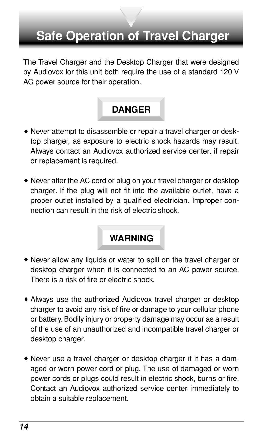 Audiovox CDM9900 owner manual Safe Operation of Travel Charger 