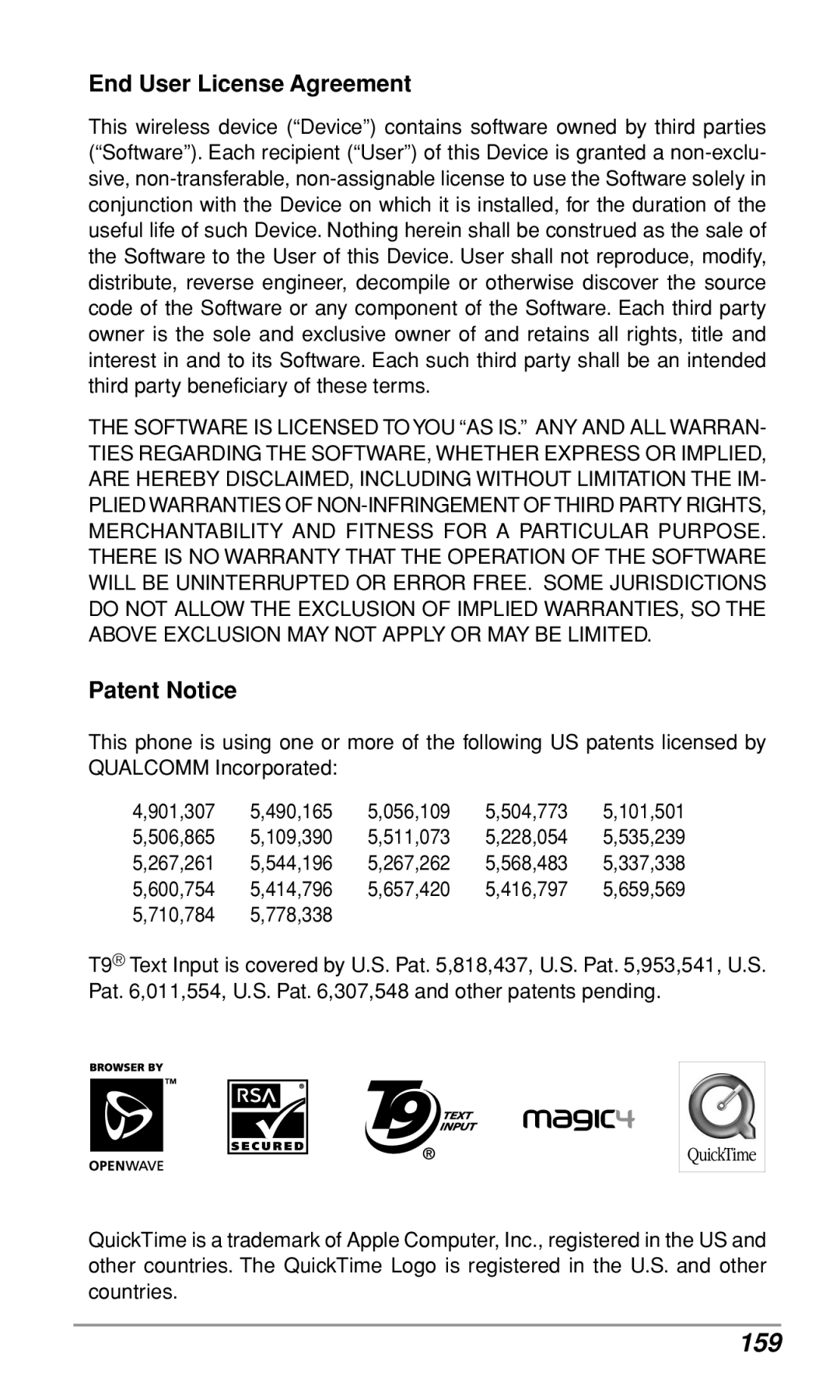 Audiovox CDM9900 owner manual 159, End User License Agreement, Patent Notice 