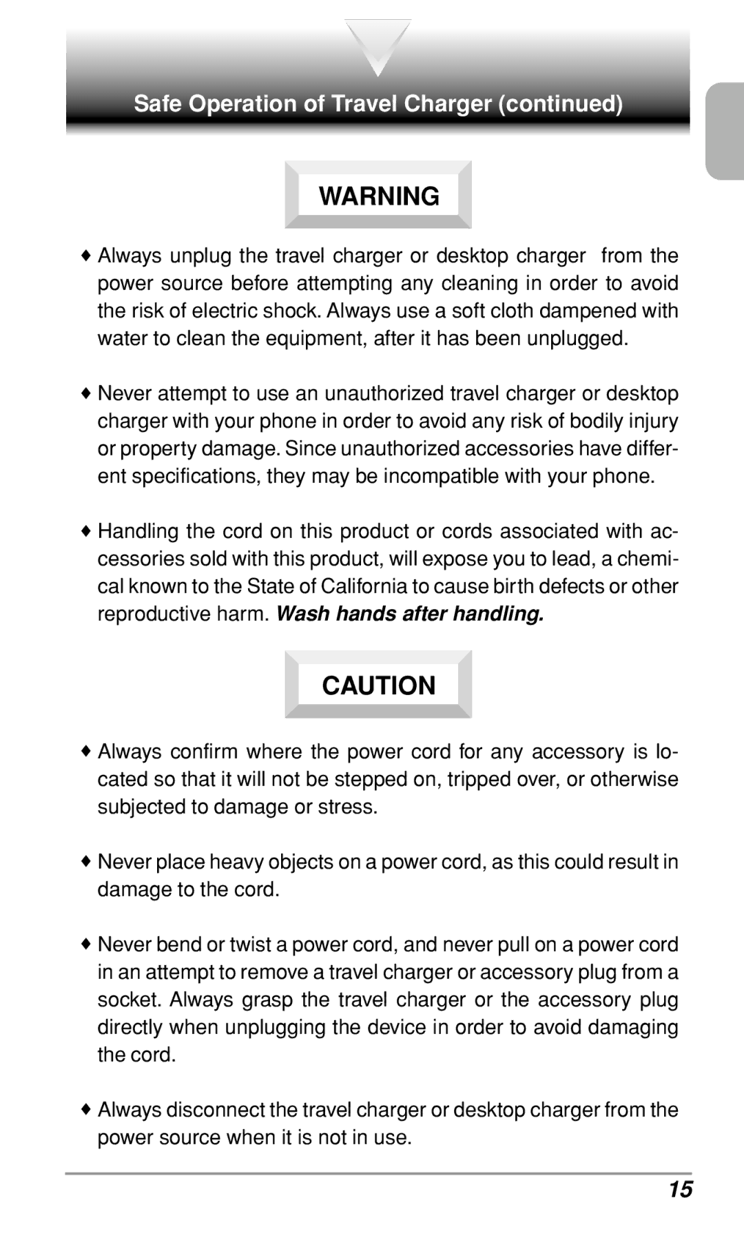 Audiovox CDM9900 owner manual Safe Operation of Travel Charger 