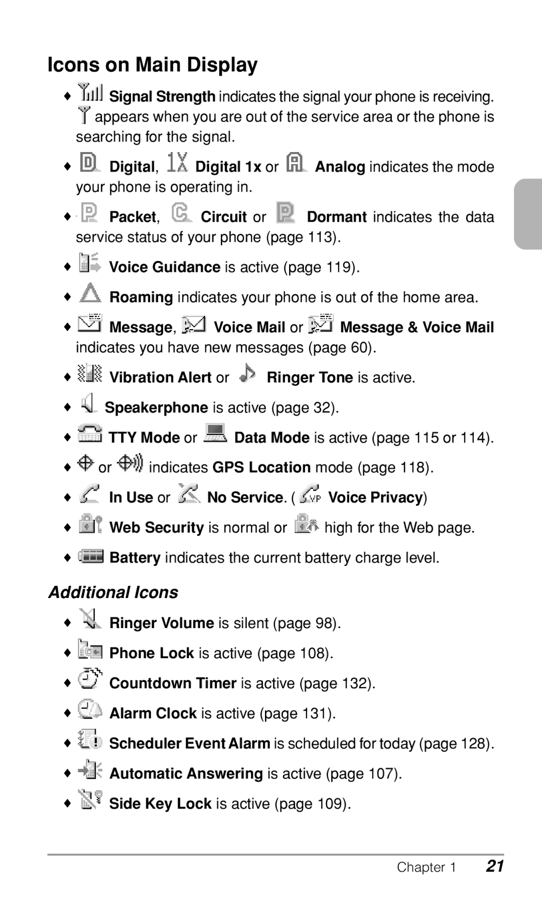 Audiovox CDM9900 owner manual Icons on Main Display, Additional Icons 