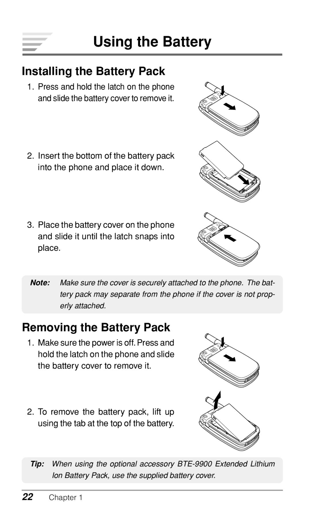 Audiovox CDM9900 owner manual Using the Battery, Installing the Battery Pack, Removing the Battery Pack 