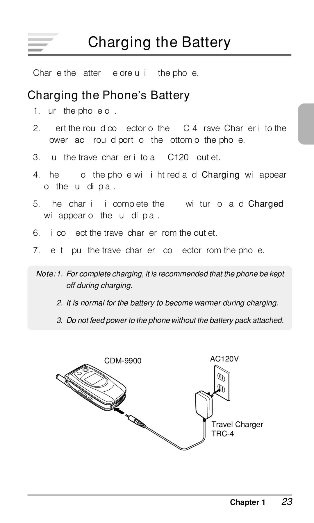 Audiovox CDM9900 owner manual Charging the Battery, Charging the Phone’s Battery 