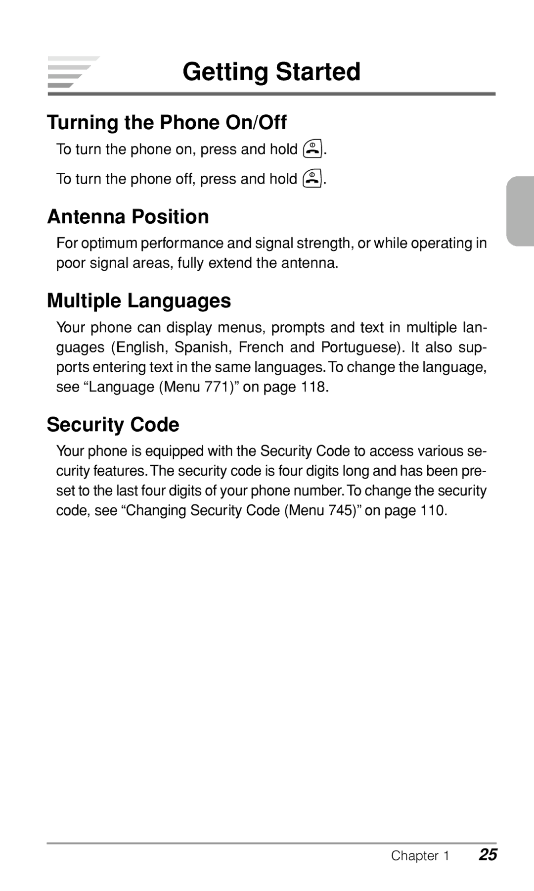 Audiovox CDM9900 Getting Started, Turning the Phone On/Off, Antenna Position, Multiple Languages, Security Code 