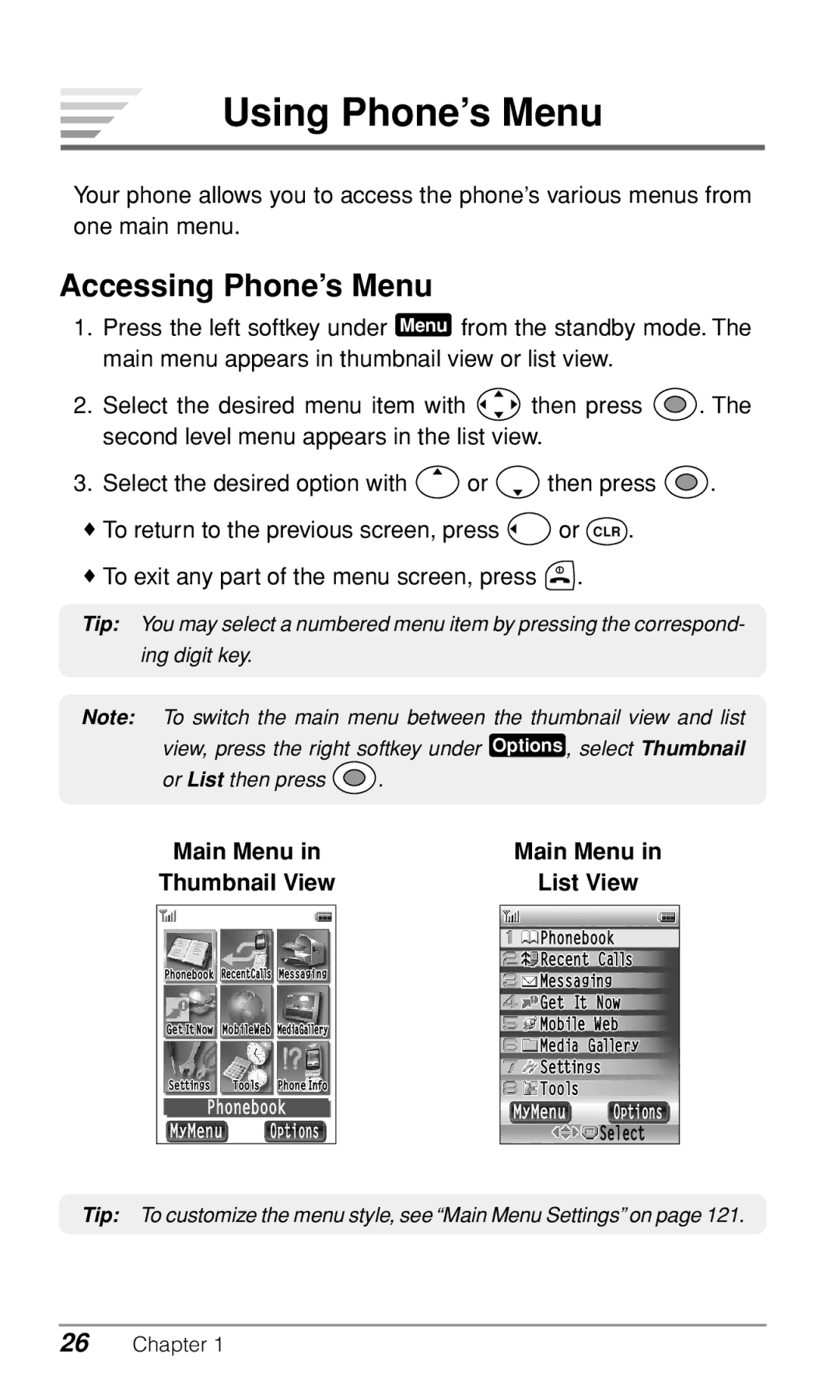 Audiovox CDM9900 owner manual Using Phone’s Menu, Accessing Phone’s Menu, Main Menu Thumbnail View List View 