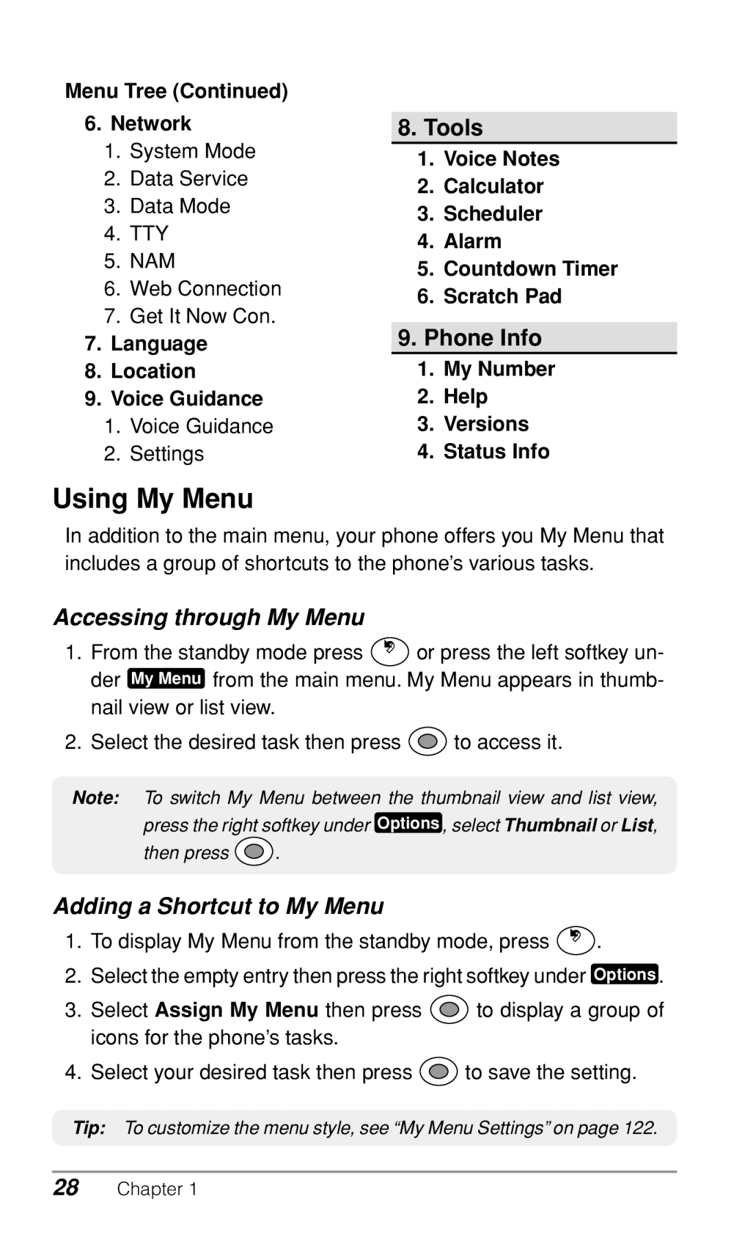 Audiovox CDM9900 owner manual Using My Menu, Accessing through My Menu, Adding a Shortcut to My Menu 