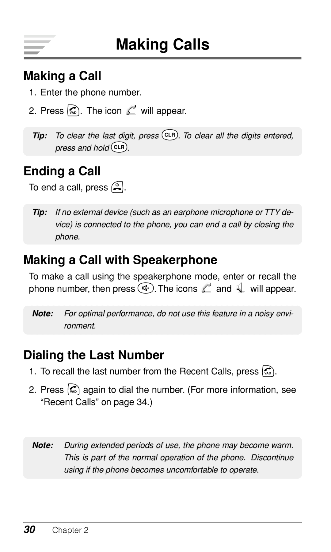 Audiovox CDM9900 owner manual Making Calls, Ending a Call, Making a Call with Speakerphone, Dialing the Last Number 