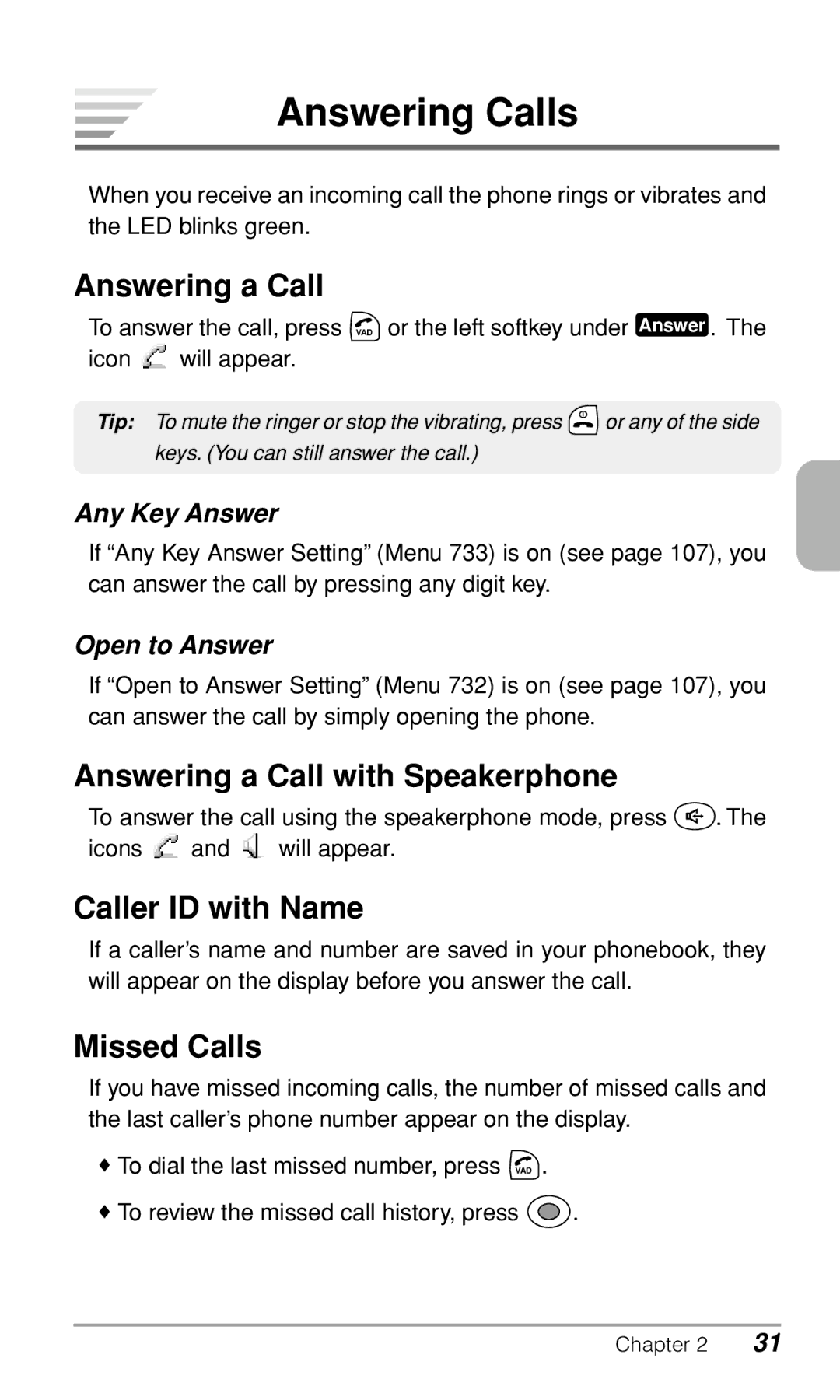 Audiovox CDM9900 owner manual Answering Calls, Answering a Call with Speakerphone, Caller ID with Name, Missed Calls 