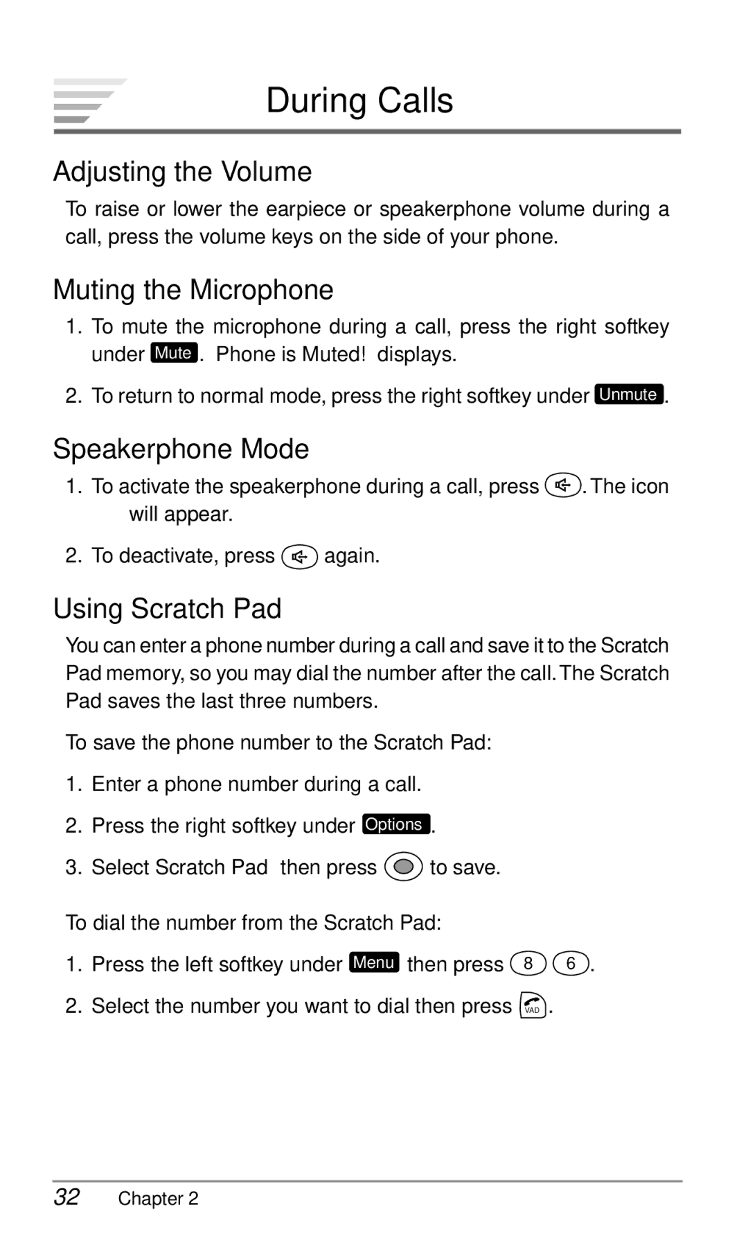 Audiovox CDM9900 During Calls, Adjusting the Volume, Muting the Microphone, Speakerphone Mode, Using Scratch Pad 