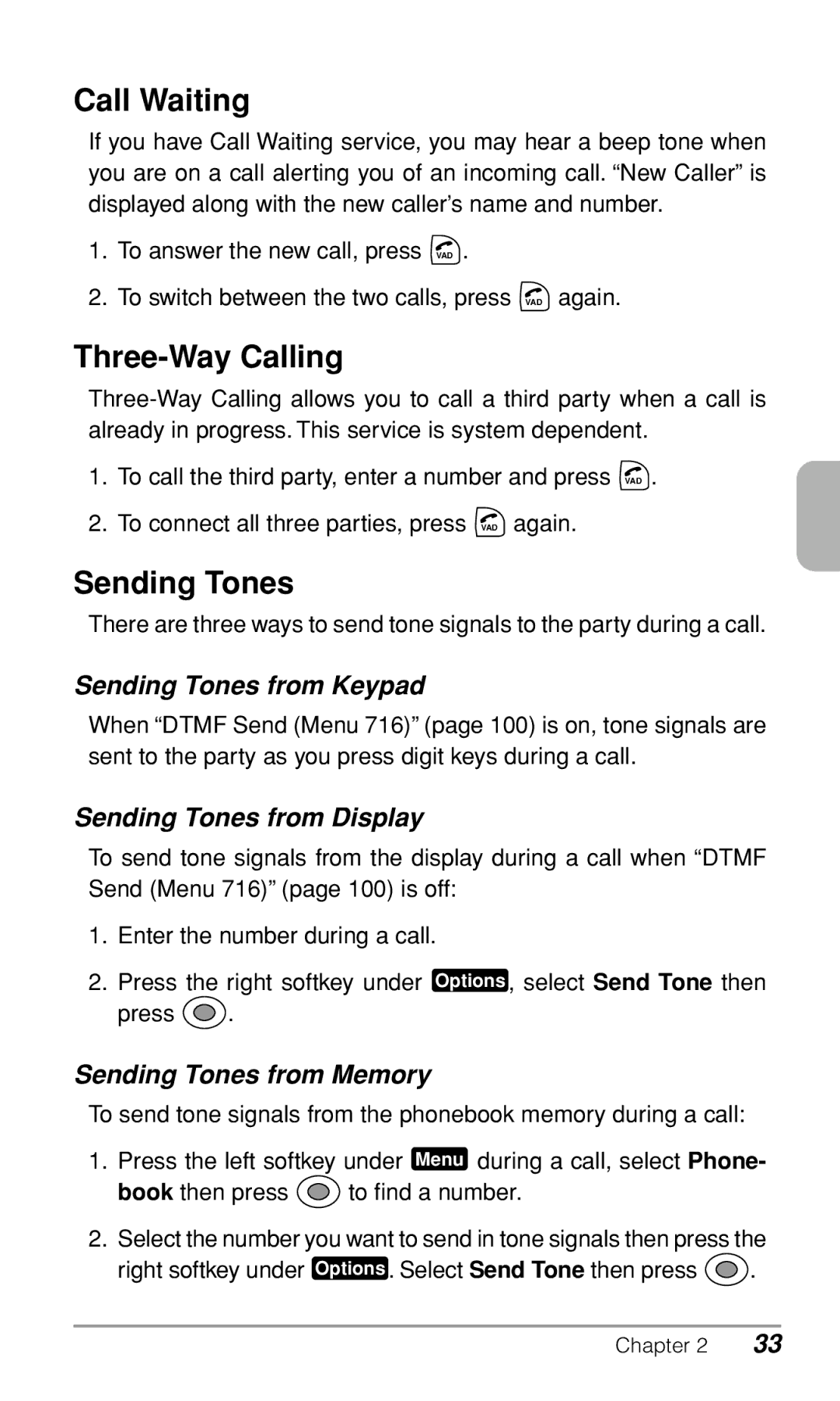 Audiovox CDM9900 owner manual Call Waiting, Three-Way Calling, Sending Tones 