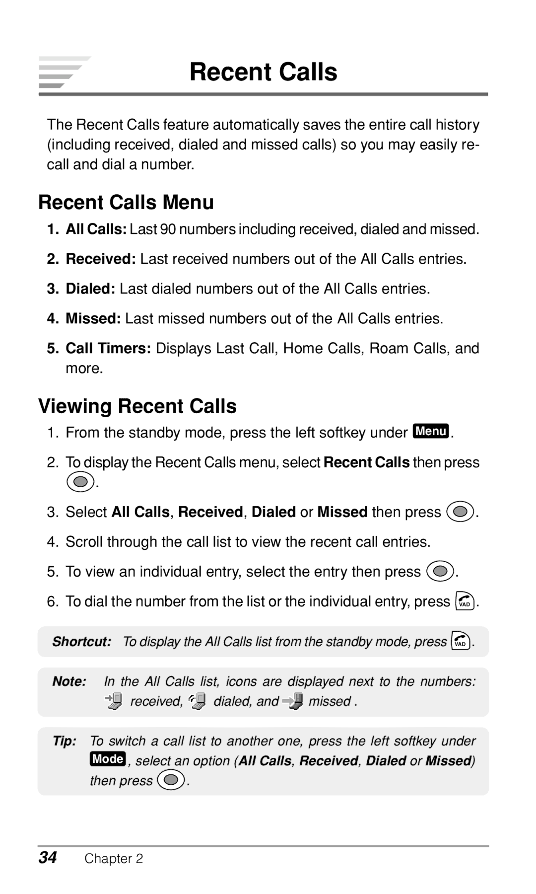 Audiovox CDM9900 Recent Calls Menu, Viewing Recent Calls, Select All Calls, Received, Dialed or Missed then press 