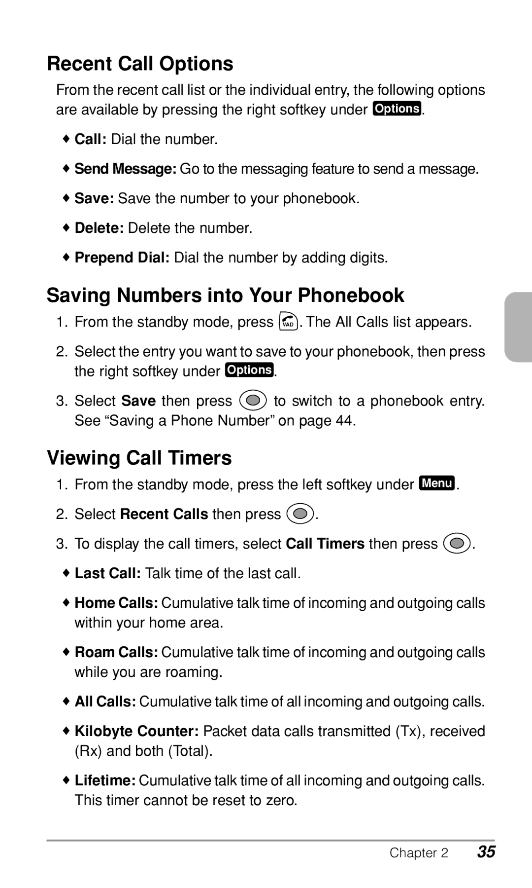 Audiovox CDM9900 owner manual Recent Call Options, Saving Numbers into Your Phonebook, Viewing Call Timers 