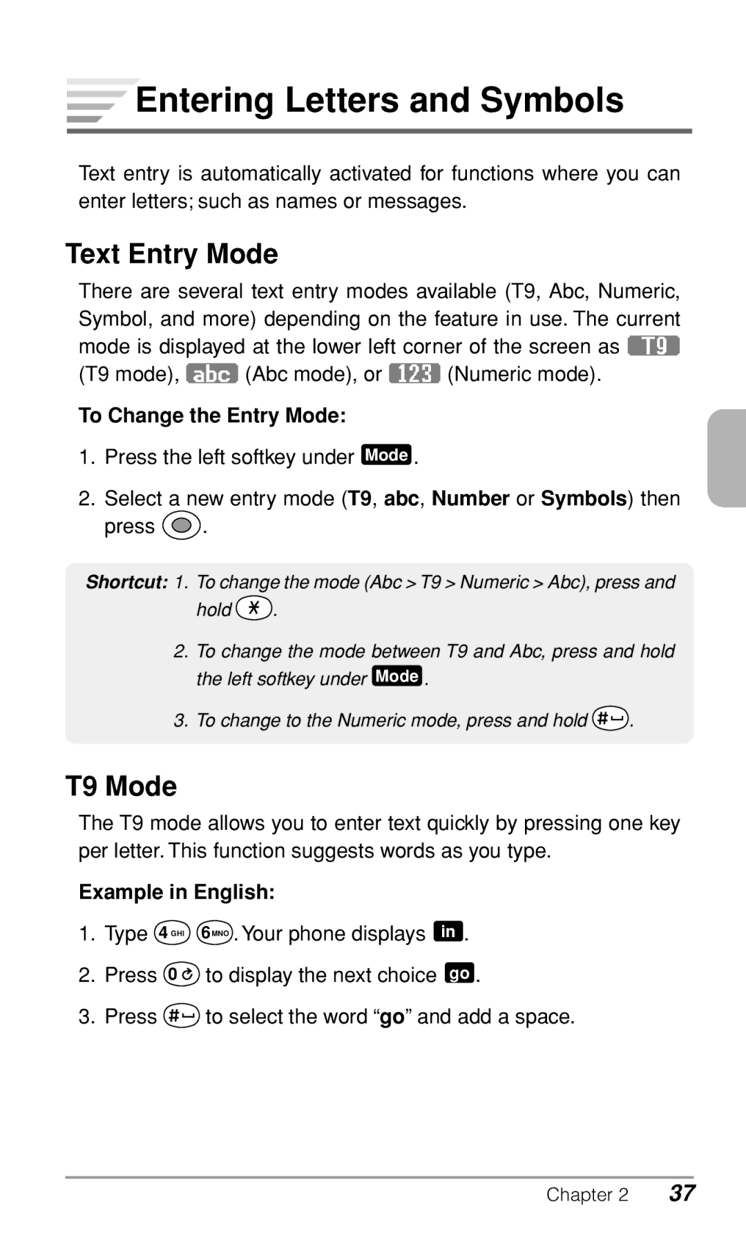 Audiovox CDM9900 Entering Letters and Symbols, Text Entry Mode, T9 Mode, To Change the Entry Mode, Example in English 