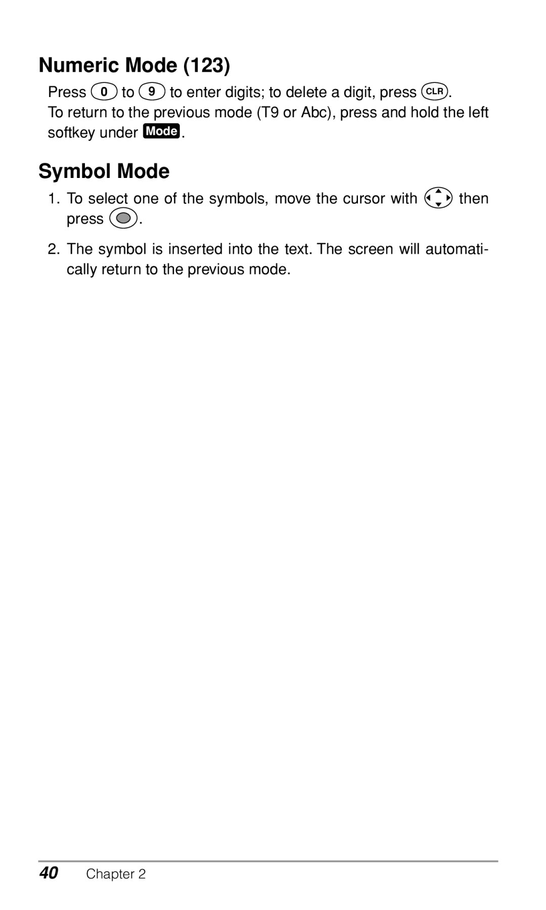 Audiovox CDM9900 owner manual Numeric Mode, Symbol Mode 