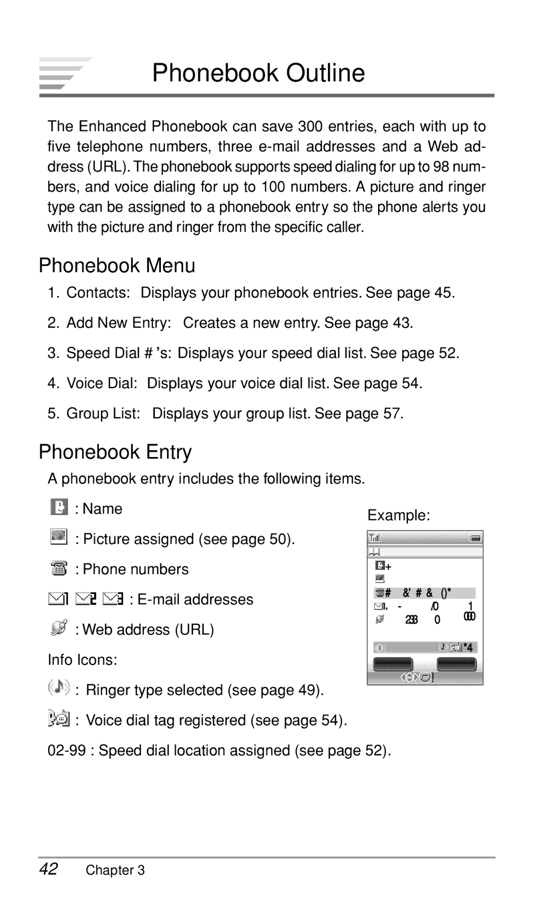 Audiovox CDM9900 owner manual Phonebook Outline, Phonebook Menu, Phonebook Entry, Example, Info Icons 