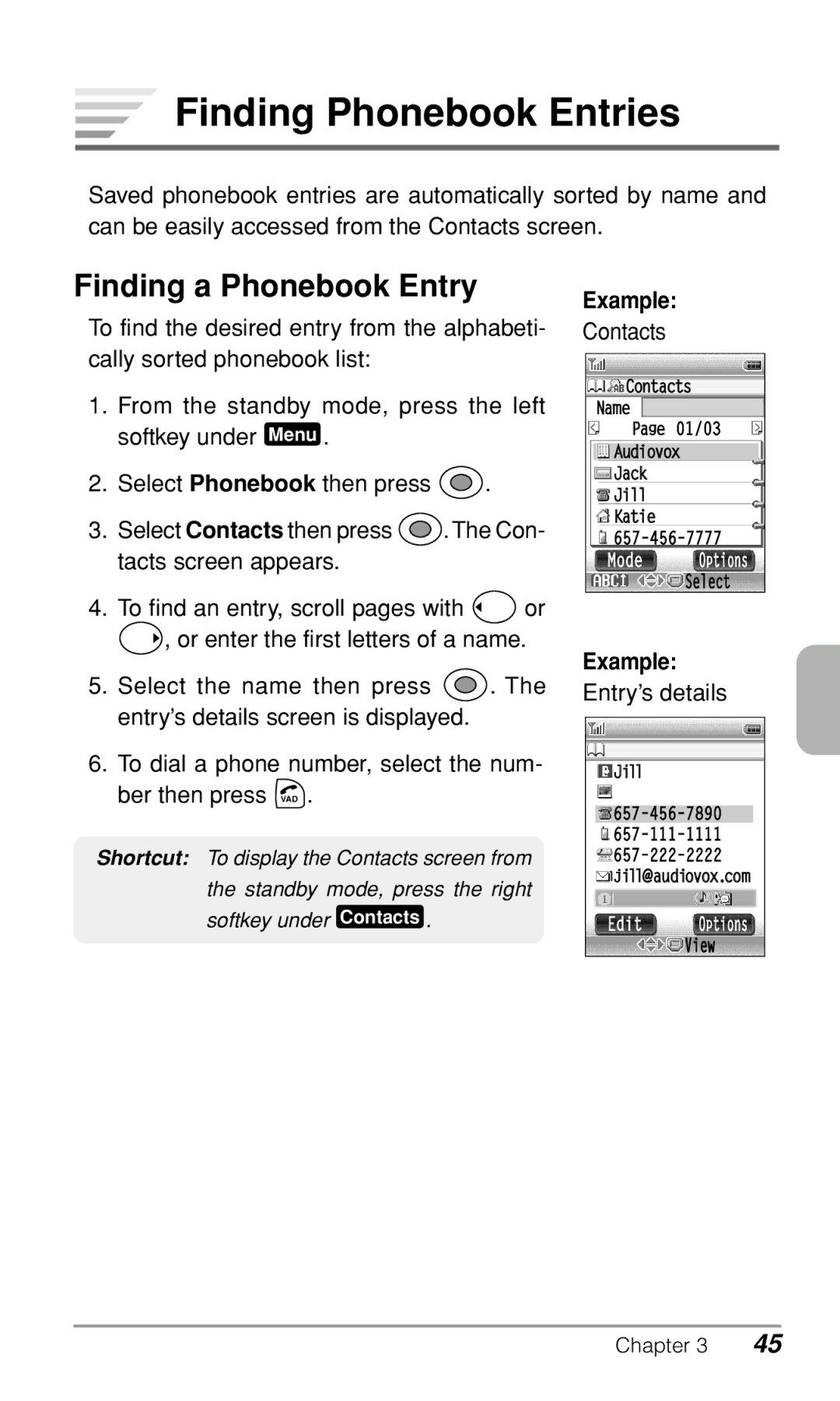 Audiovox CDM9900 owner manual Finding Phonebook Entries, Finding a Phonebook Entry 