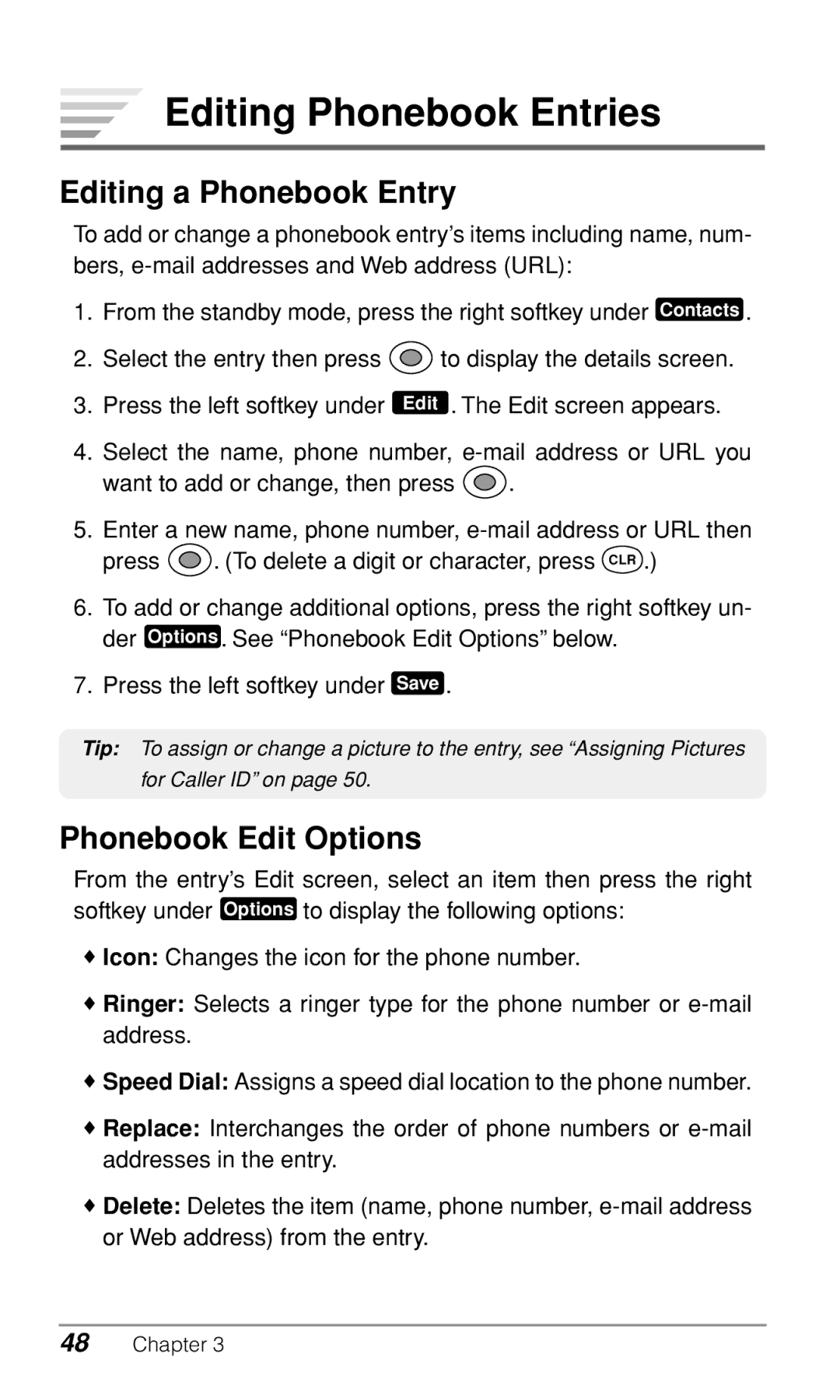 Audiovox CDM9900 owner manual Editing Phonebook Entries, Editing a Phonebook Entry, Phonebook Edit Options 