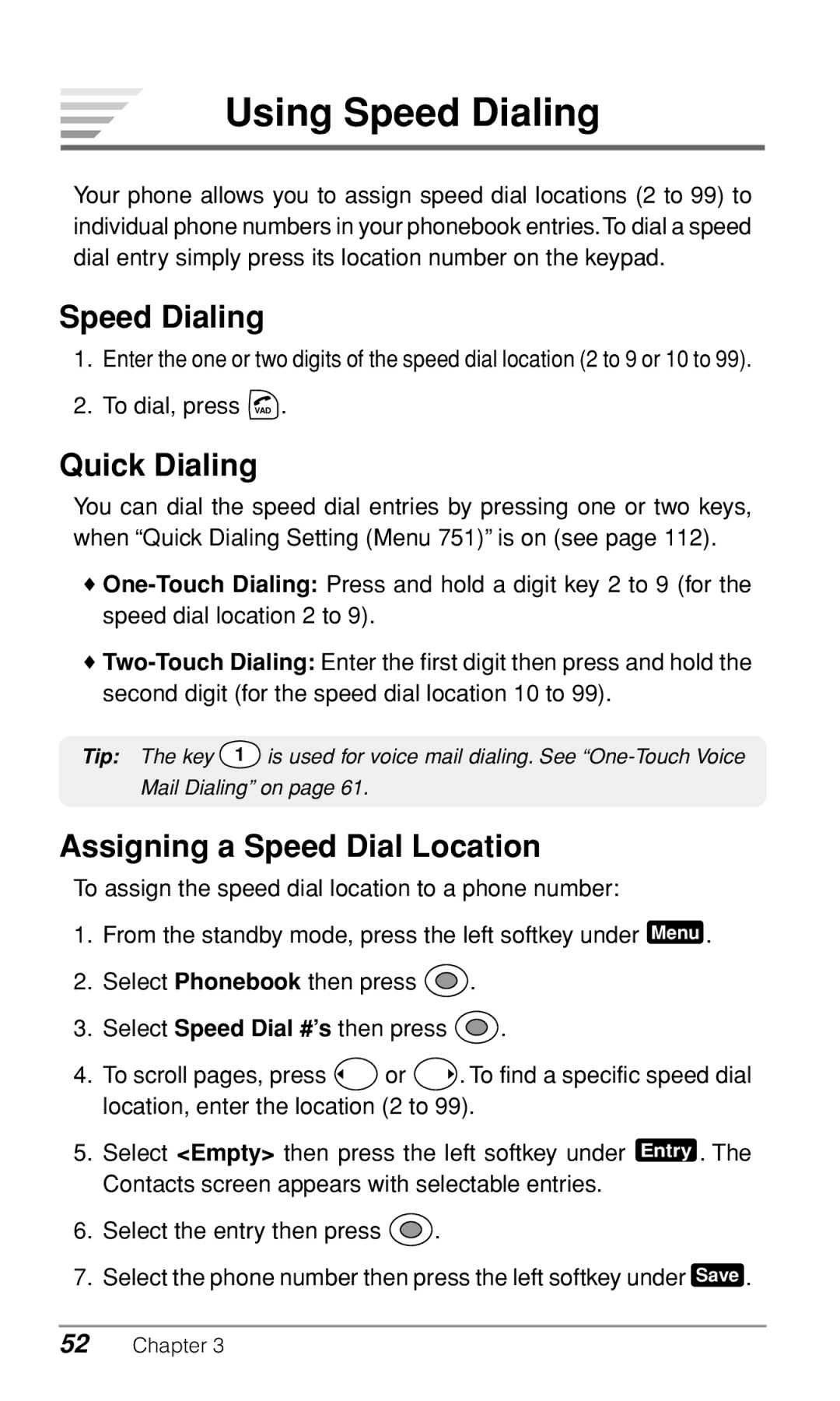 Audiovox CDM9900 owner manual Using Speed Dialing, Quick Dialing, Assigning a Speed Dial Location 