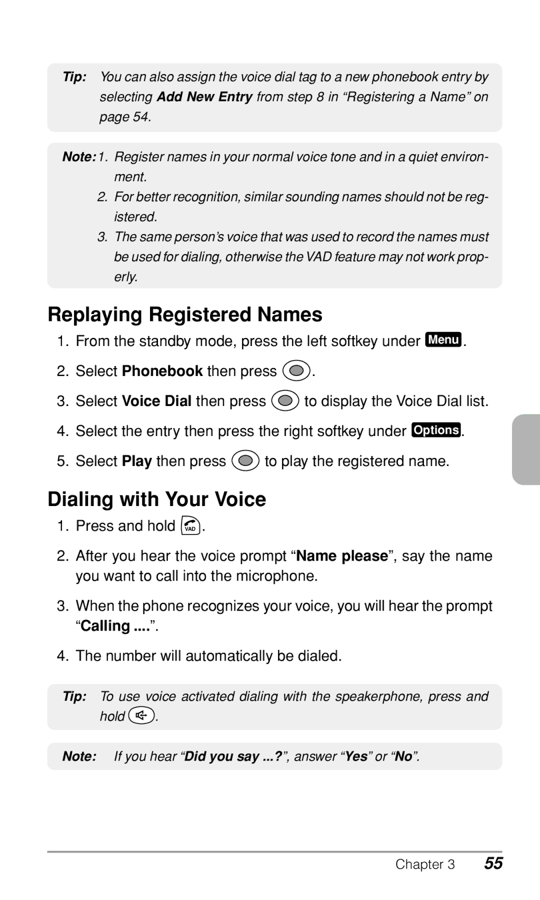 Audiovox CDM9900 owner manual Replaying Registered Names, Dialing with Your Voice 