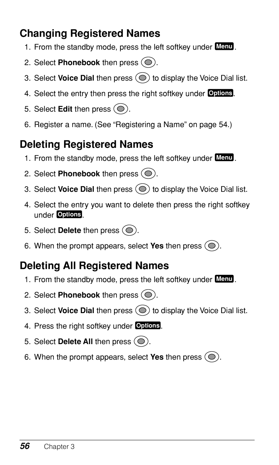 Audiovox CDM9900 owner manual Changing Registered Names, Deleting Registered Names, Deleting All Registered Names 