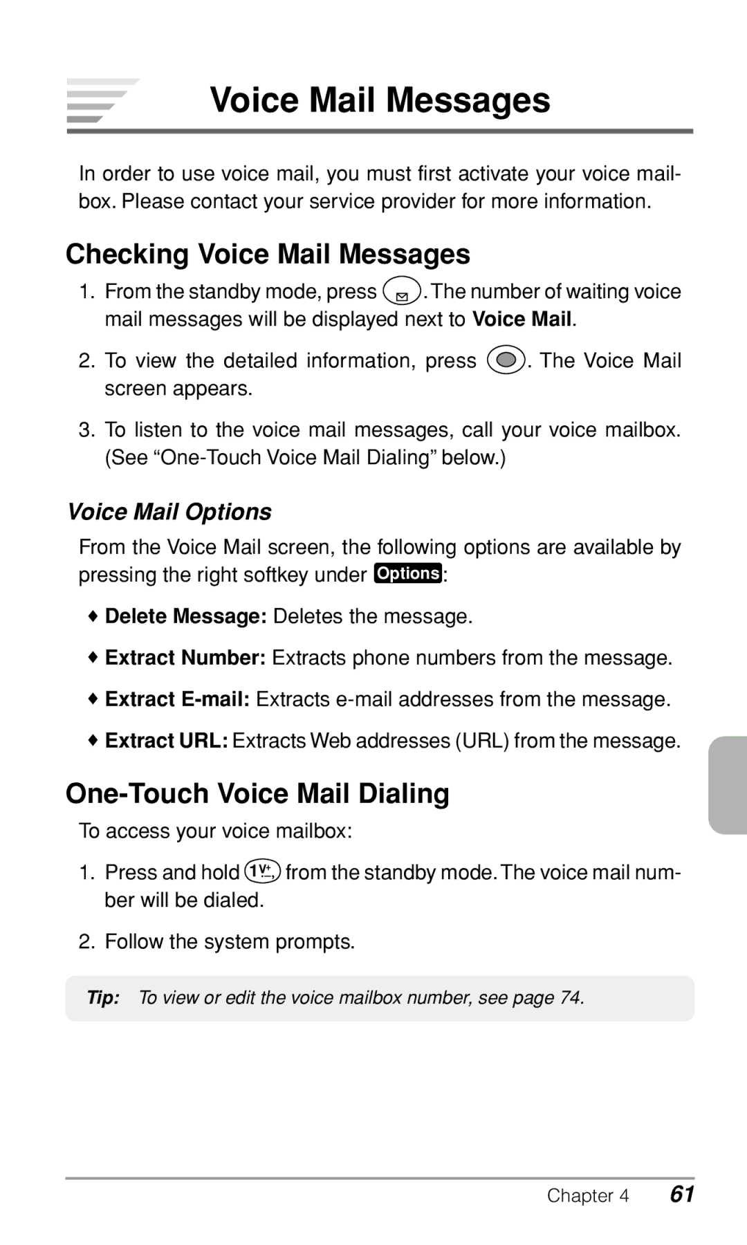 Audiovox CDM9900 owner manual Checking Voice Mail Messages, One-Touch Voice Mail Dialing, Voice Mail Options 