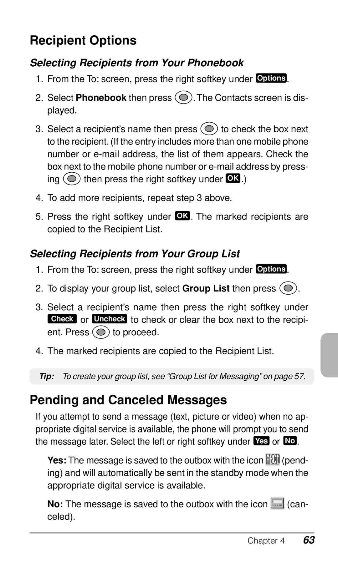 Audiovox CDM9900 owner manual Recipient Options, Pending and Canceled Messages, Selecting Recipients from Your Phonebook 