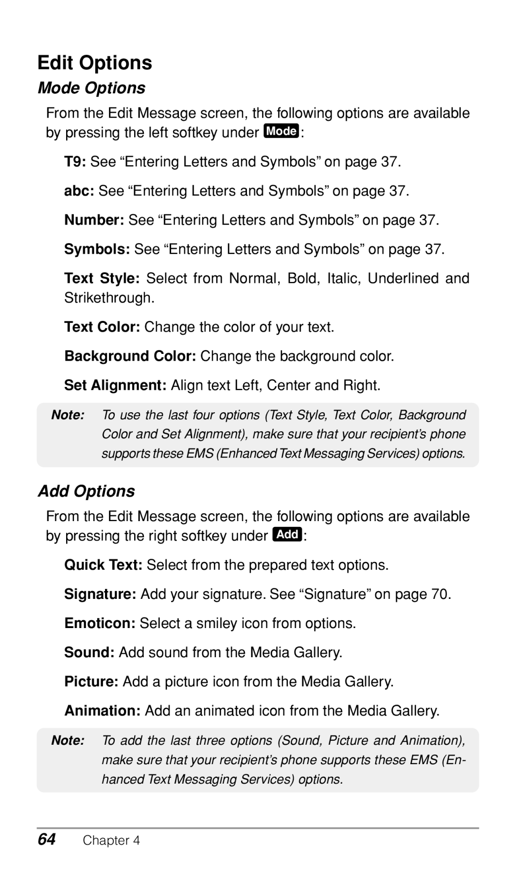 Audiovox CDM9900 owner manual Edit Options, Mode Options, Add Options 