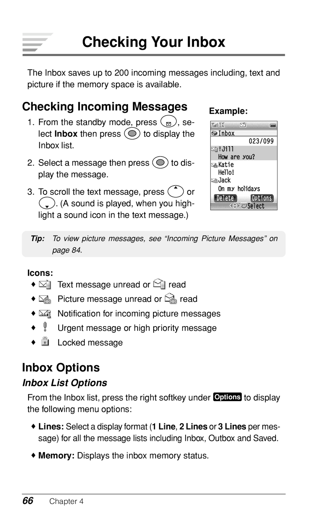 Audiovox CDM9900 owner manual Checking Your Inbox, Checking Incoming Messages, Inbox Options, Inbox List Options, Icons 