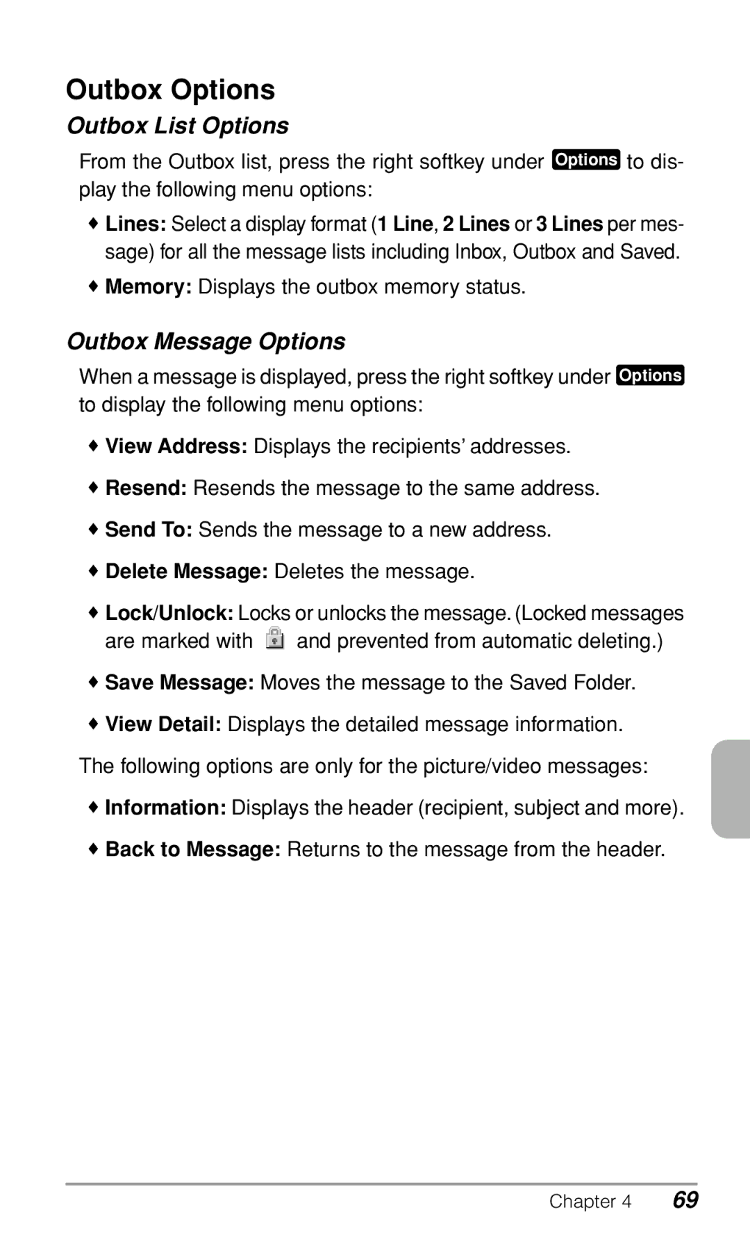 Audiovox CDM9900 owner manual Outbox Options, Outbox List Options, Outbox Message Options 