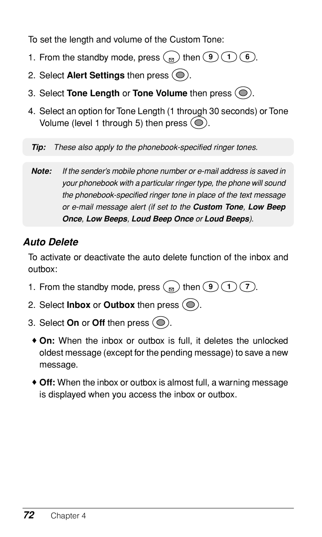 Audiovox CDM9900 owner manual Auto Delete, Select Tone Length or Tone Volume then press 