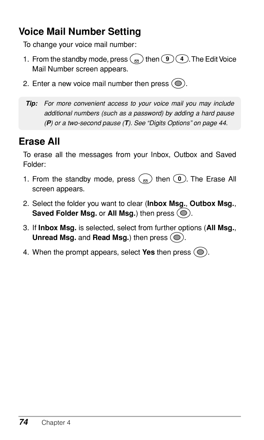 Audiovox CDM9900 owner manual Voice Mail Number Setting, Erase All, Saved Folder Msg. or All Msg. then press 