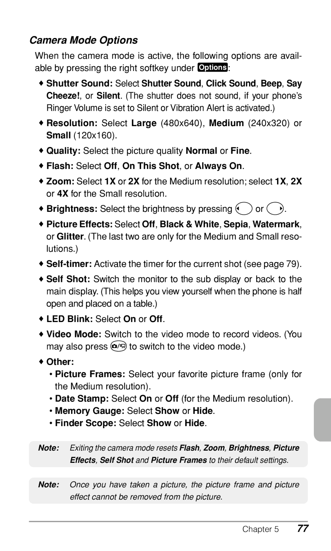 Audiovox CDM9900 Camera Mode Options, Flash Select Off, On This Shot, or Always On, LED Blink Select On or Off, Other 