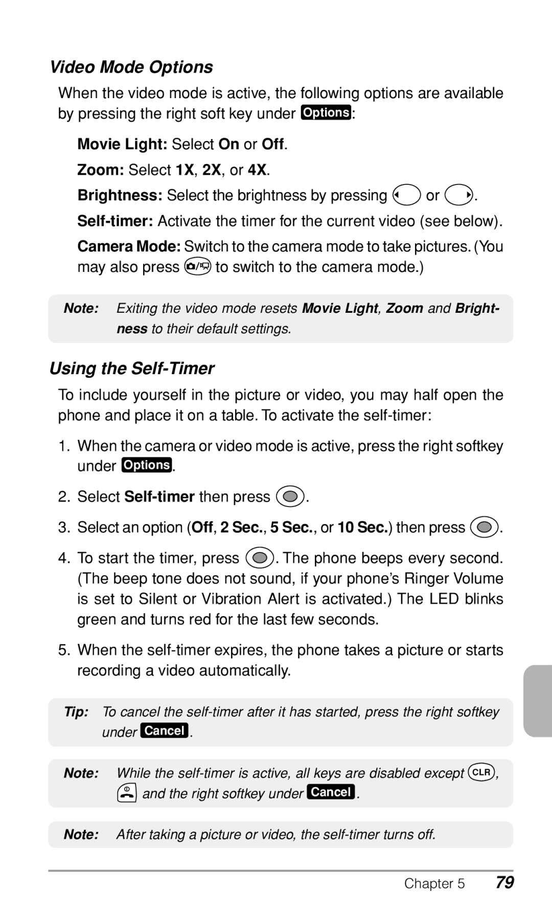 Audiovox CDM9900 owner manual Video Mode Options, Using the Self-Timer, Movie Light Select On or Off 