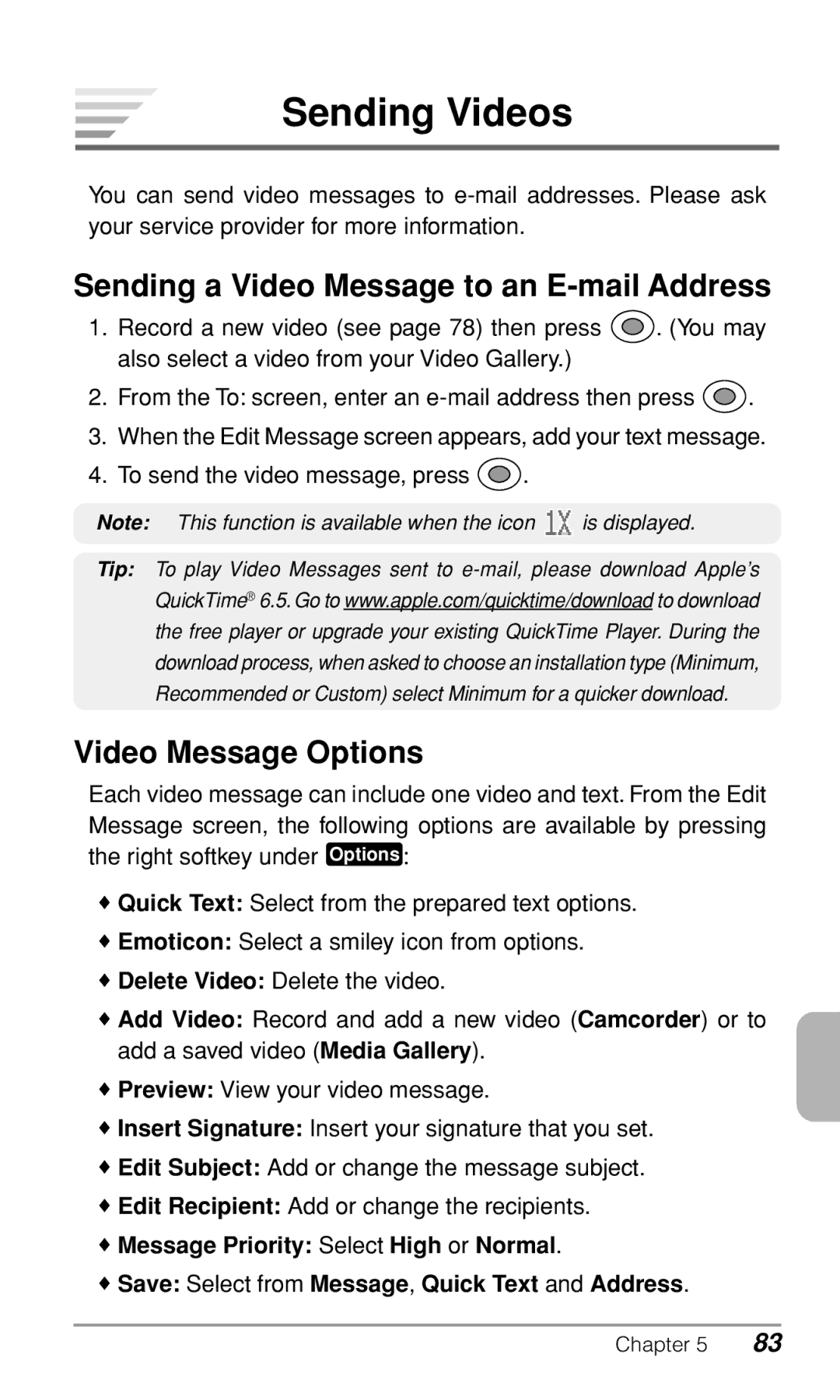 Audiovox CDM9900 owner manual Sending Videos, Sending a Video Message to an E-mail Address, Video Message Options 