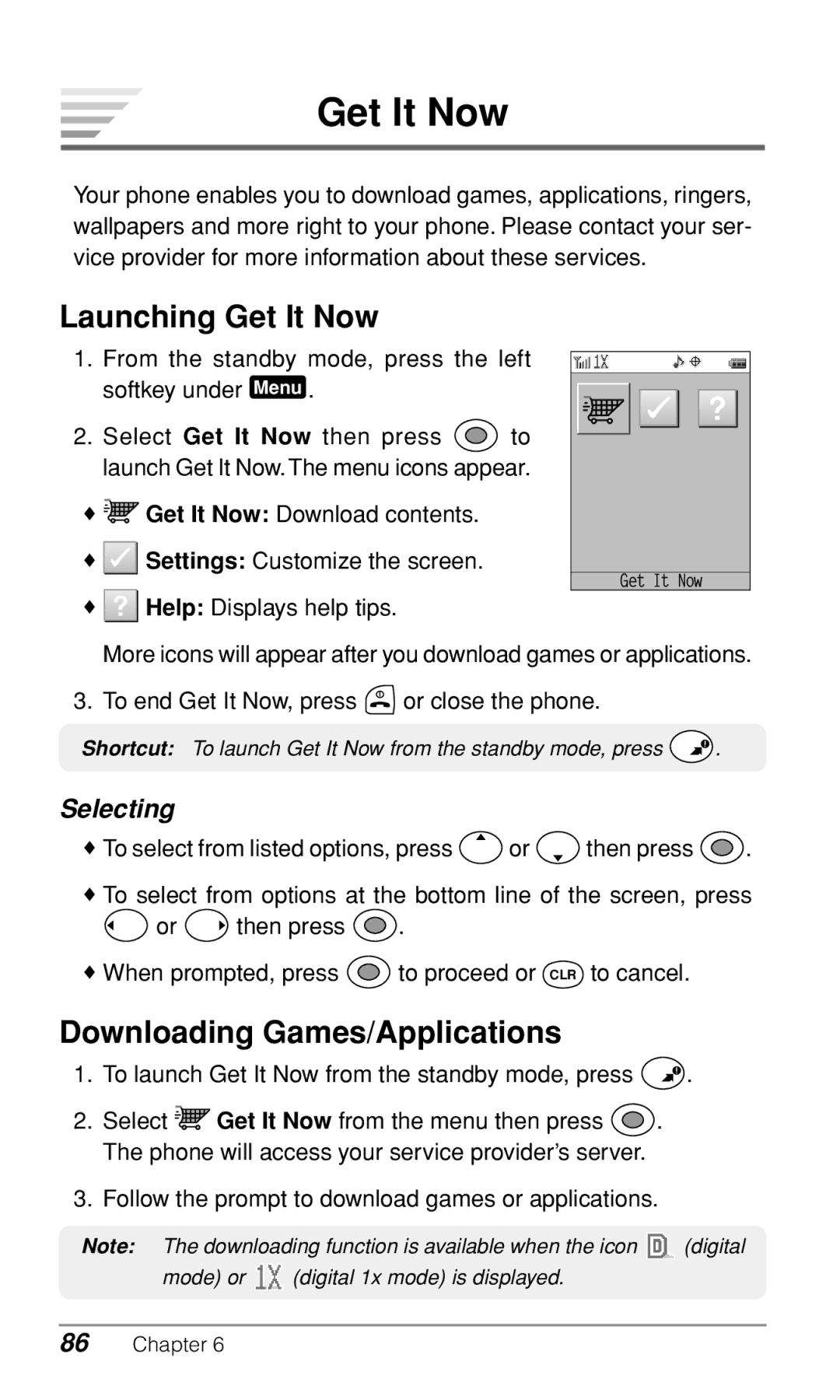 Audiovox CDM9900 owner manual Launching Get It Now, Downloading Games/Applications, Selecting 