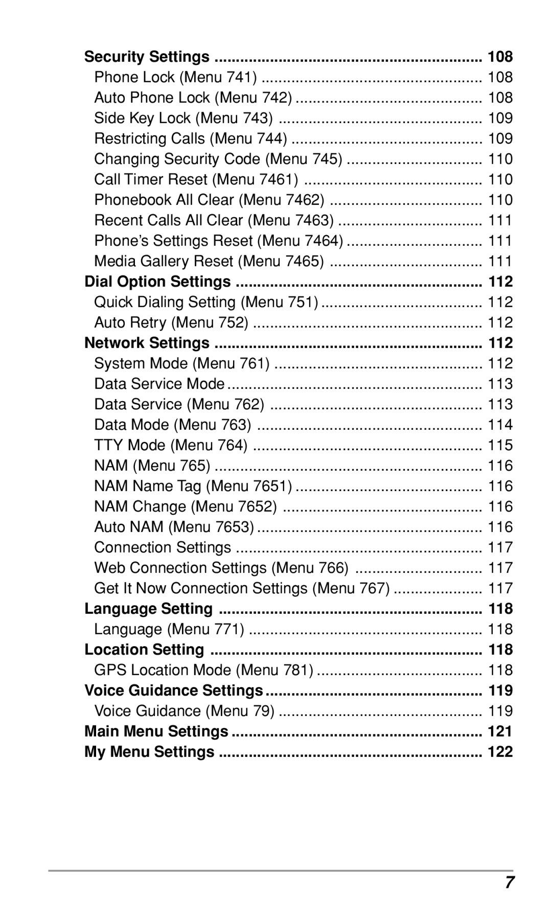 Audiovox CDM9900 owner manual Security Settings 108, Dial Option Settings 112, Network Settings 112, Language Setting 118 