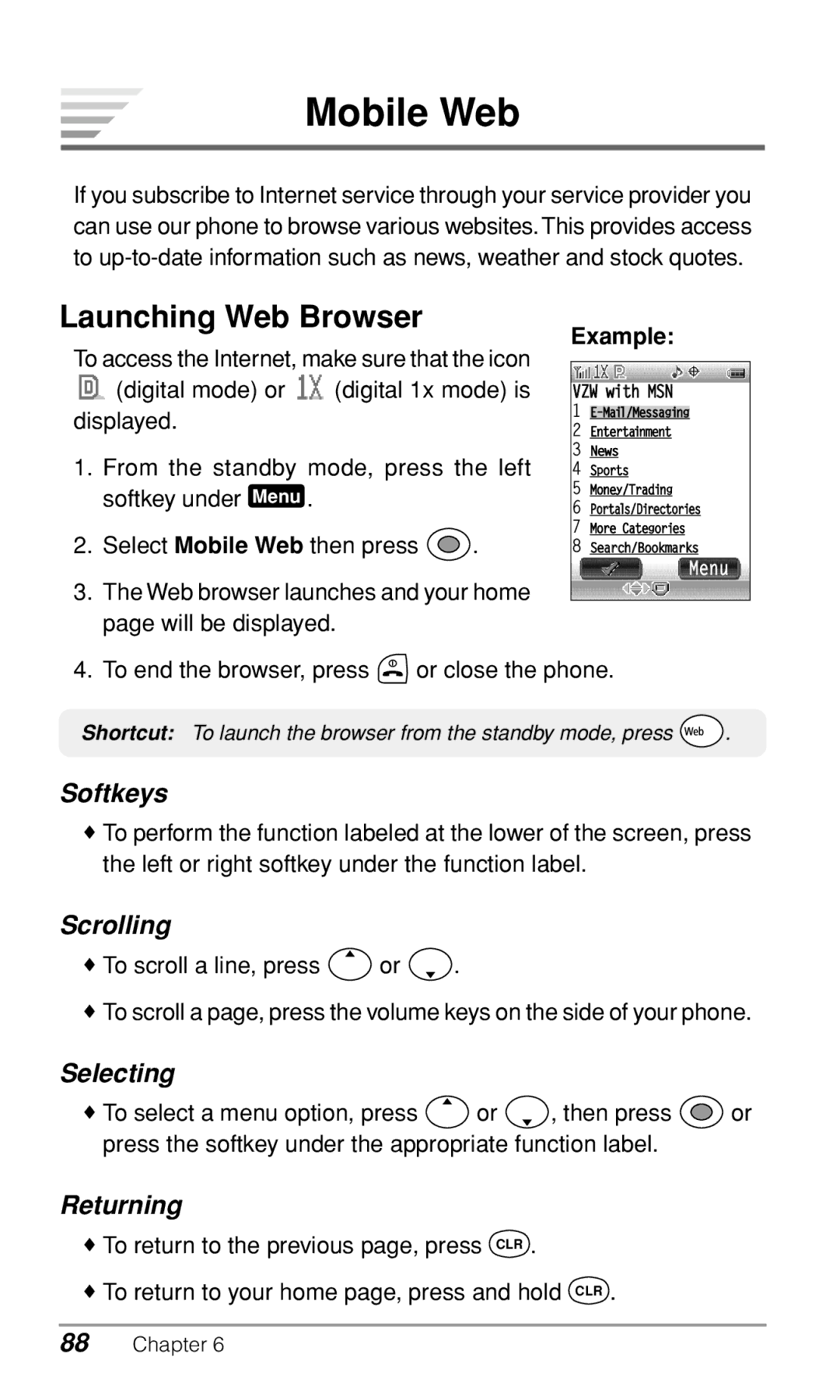 Audiovox CDM9900 owner manual Mobile Web, Launching Web Browser, Softkeys, Scrolling, Returning 