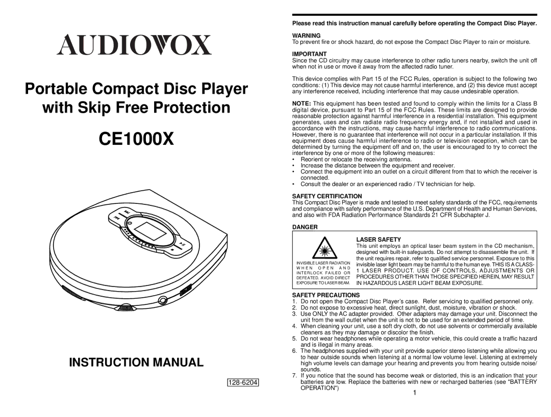 Audiovox CE1000X instruction manual 128-6204 