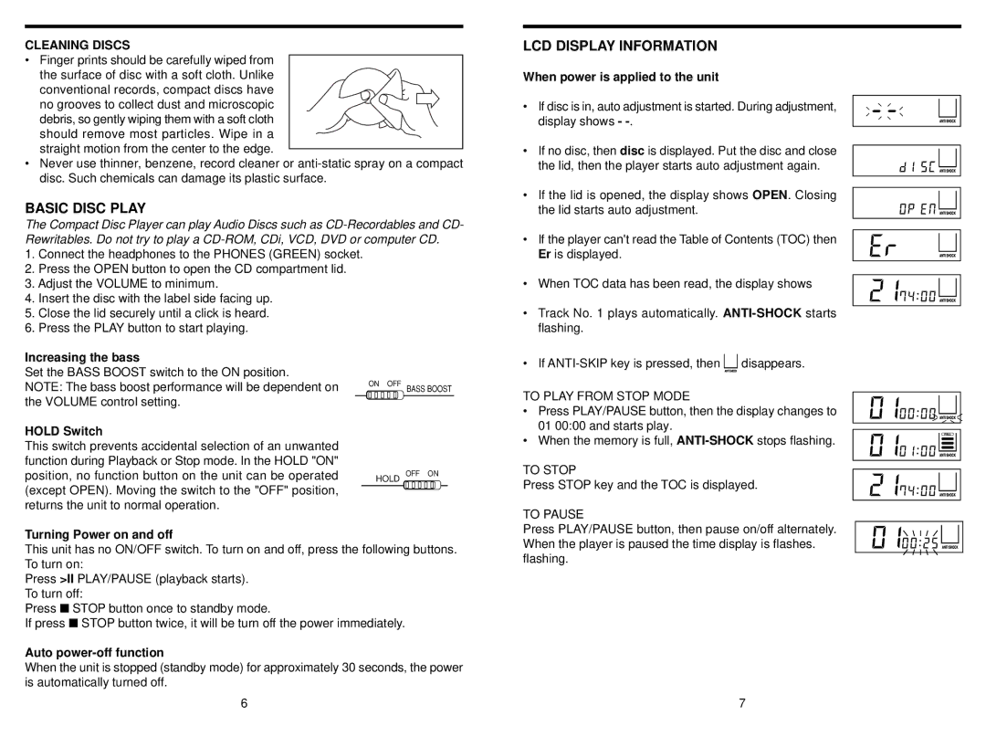 Audiovox CE1000X instruction manual Basic Disc Play, LCD Display Information, Cleaning Discs 