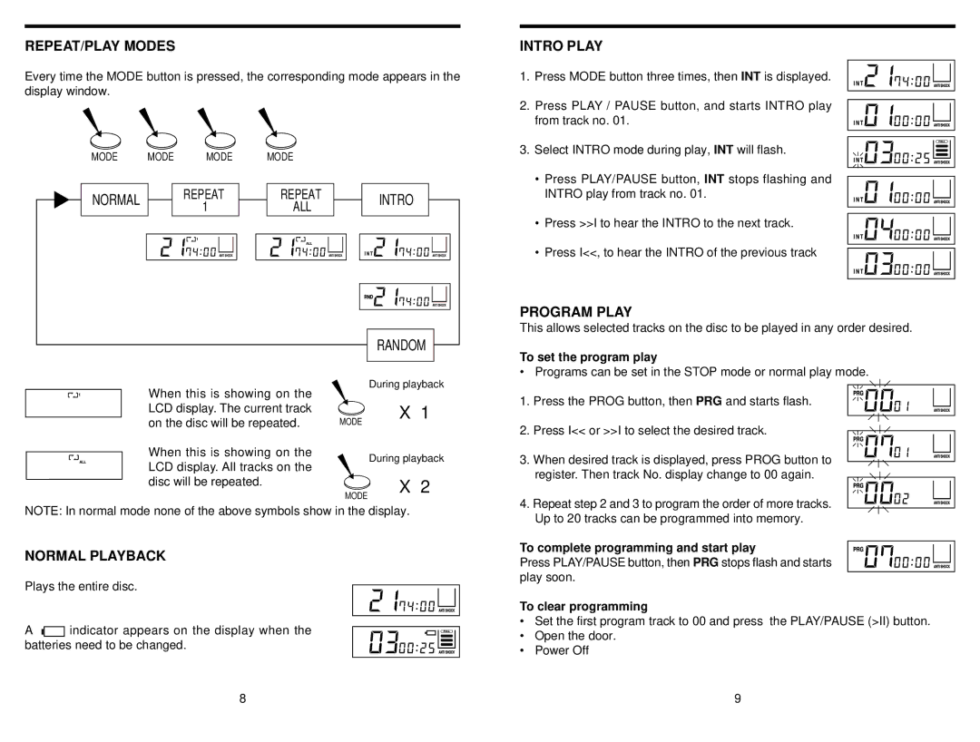 Audiovox CE1000X instruction manual REPEAT/PLAY Modes, Intro Play, Program Play, Normal Playback 